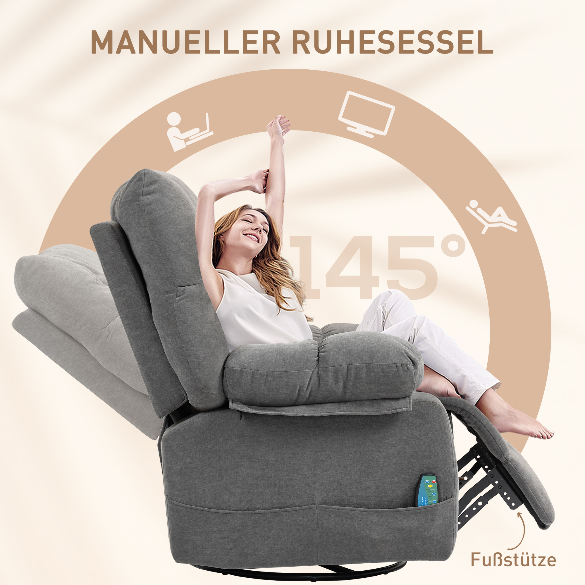 Relaxsessel mit Massagefunktion, Liegefunktion, Drehbarer Massagesessel, 4 Seitentaschen und Fernbedienung, Dunkelgrau