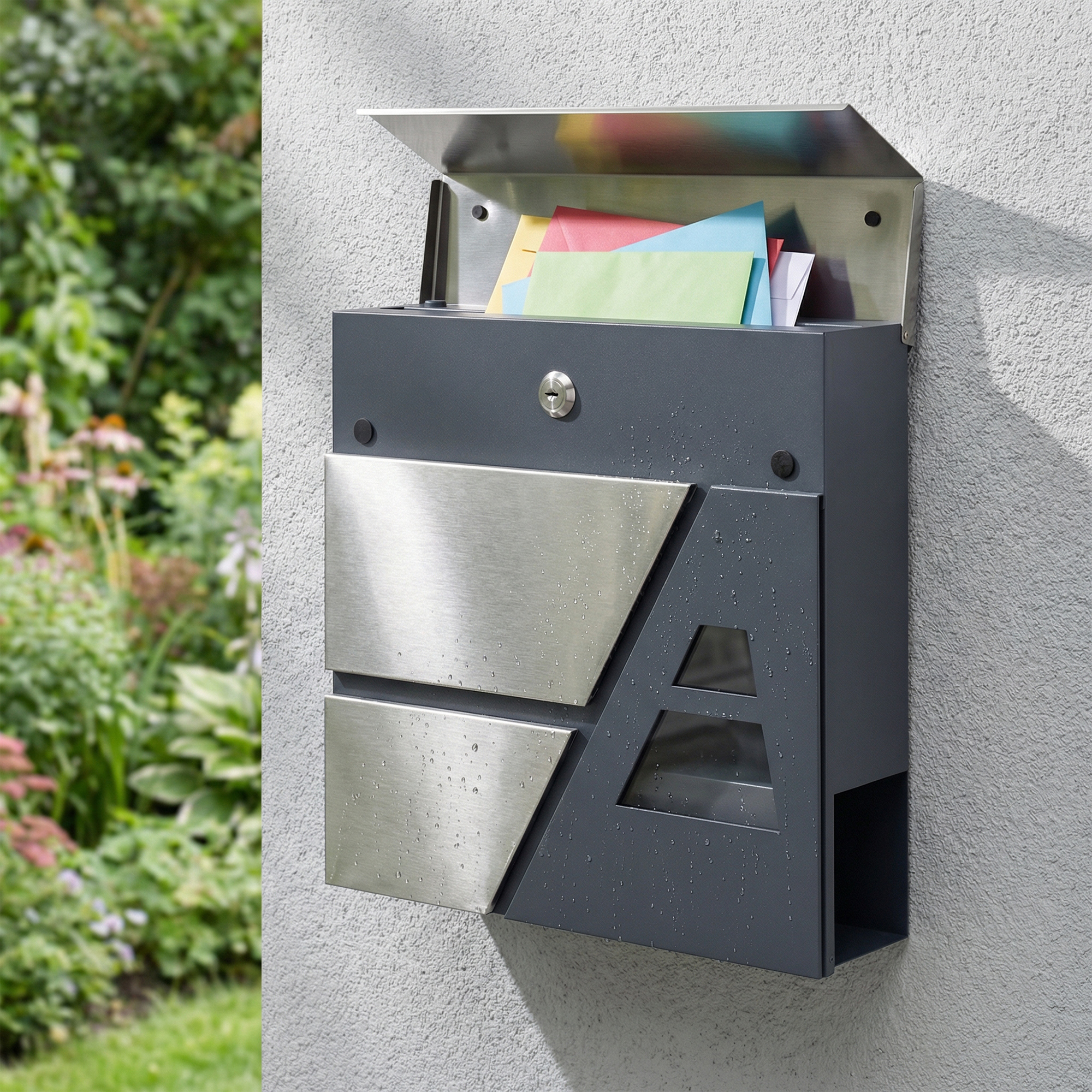 Briefkasten Wandmontage Wetterfest mit Zeitungshalter und 2 Schlüsseln für Außenwand, Dunkelgrau