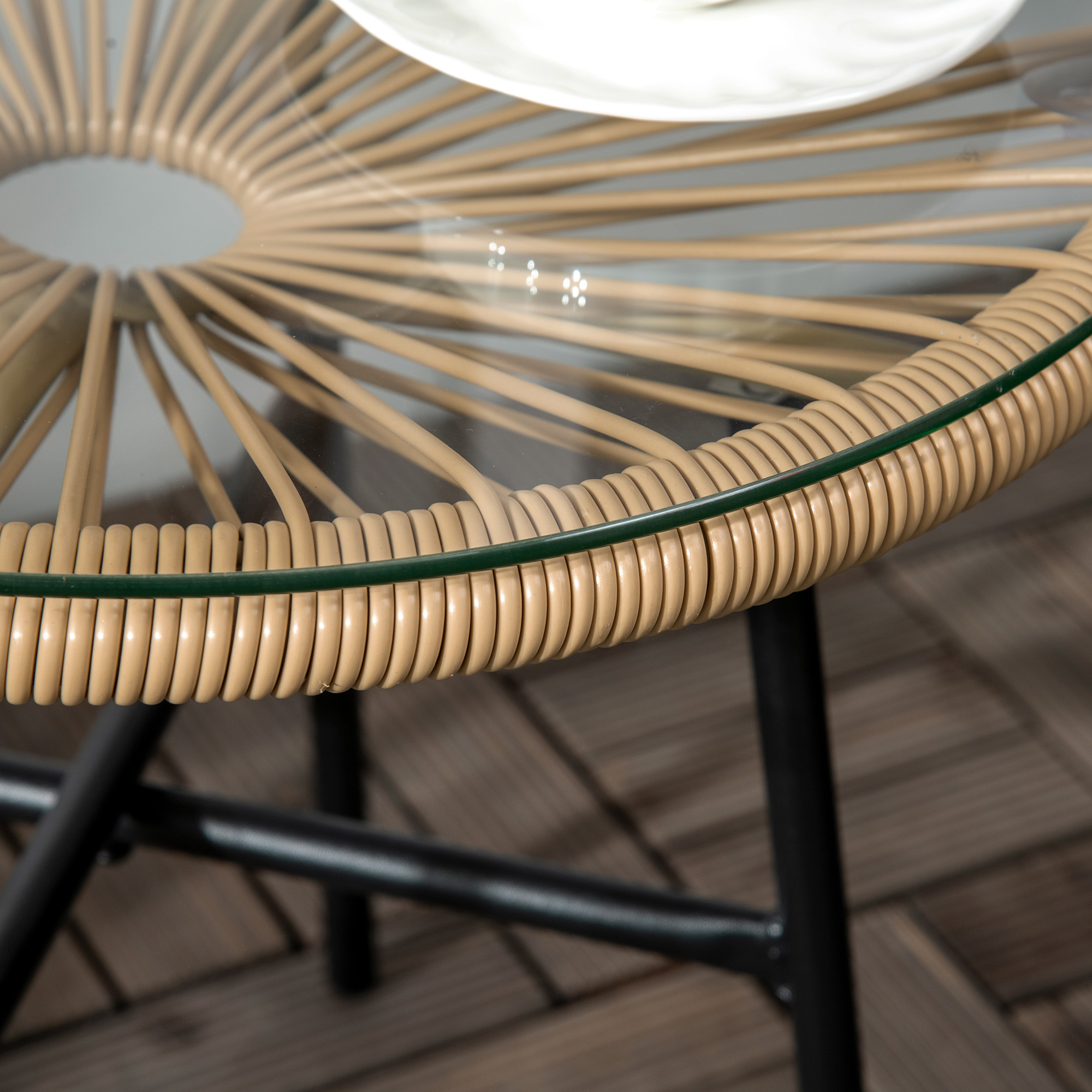 Gartentisch im Boho-Stil, PE-Rattan, gehärtetes Glas, wetterbeständig, 50 cm x 50 cm x 50 cm, Beige