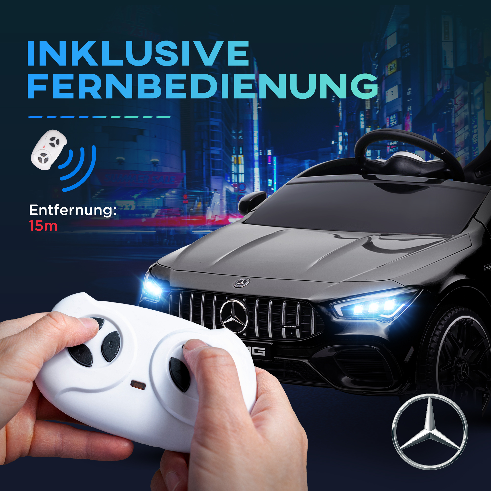 Kinder-Elektroauto, fernsteuerbar, mit Transportrollen, LED-Lichter, Hupe, für Kinder von 3-6 Jahren, Schwarz