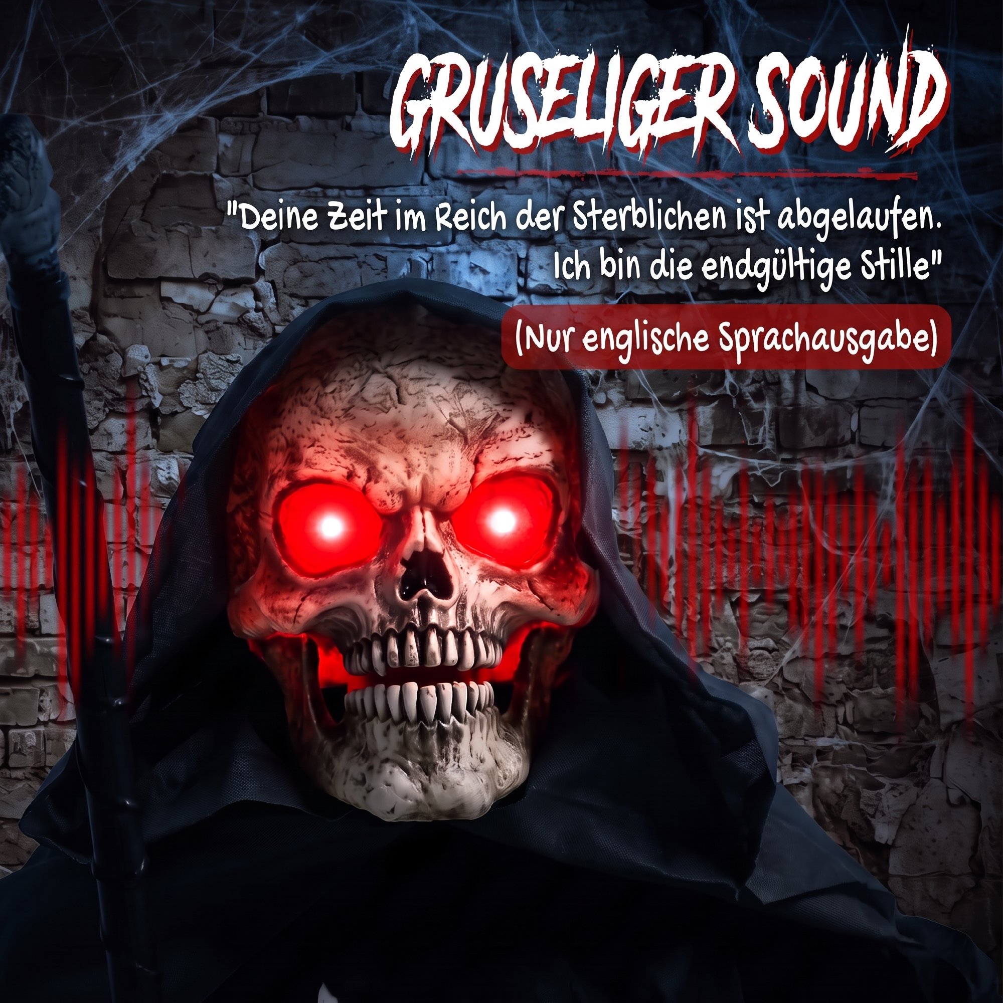 170 cm Halloween Animierte Sensenmann Deko mit Sound- und Berührungsaktivierung, leuchtenden Augen und Brustkorb
