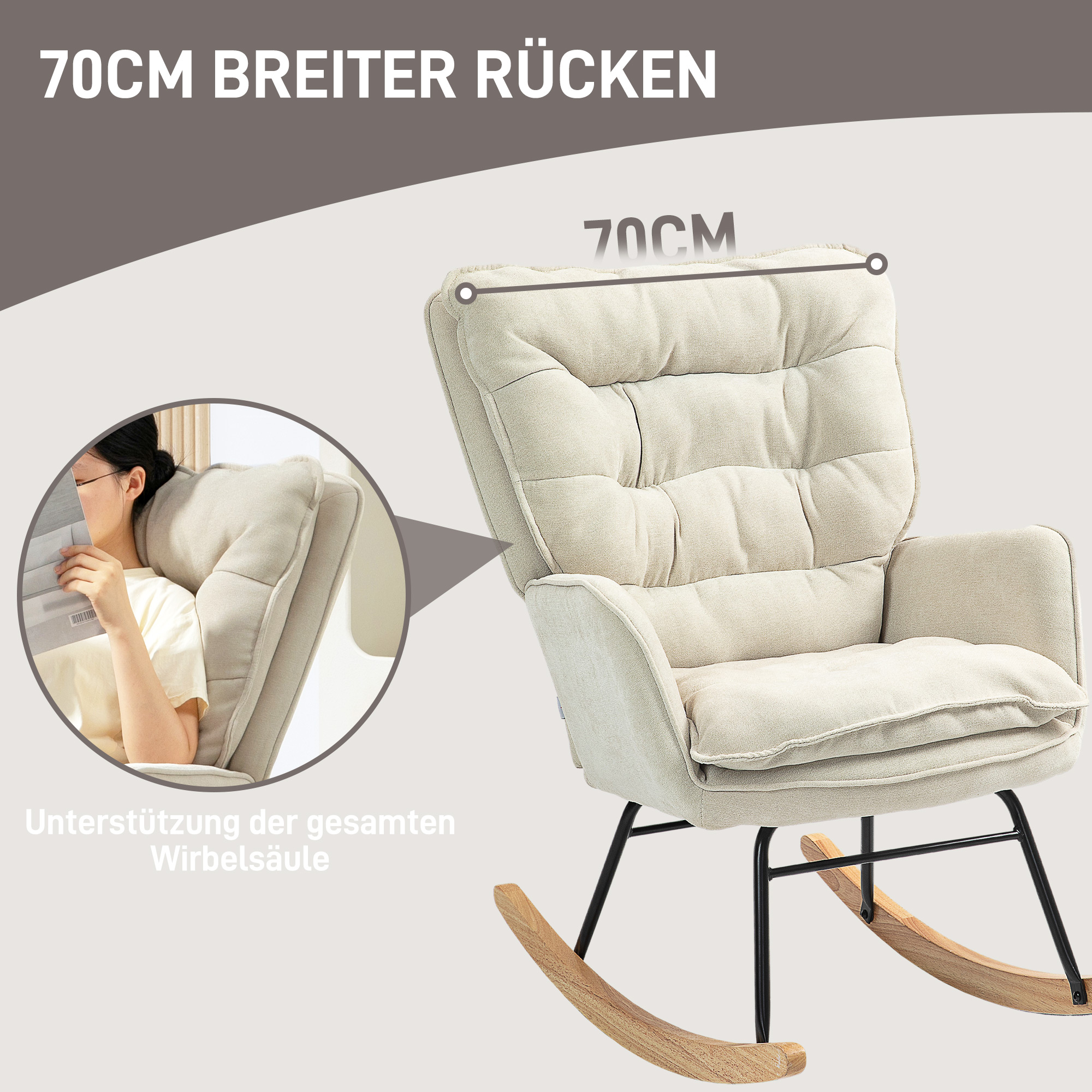 Schaukelstuhl, breiter Sitz, hohe Rückenlehne, Buchenholzrahmen, bis 120 kg, Beige