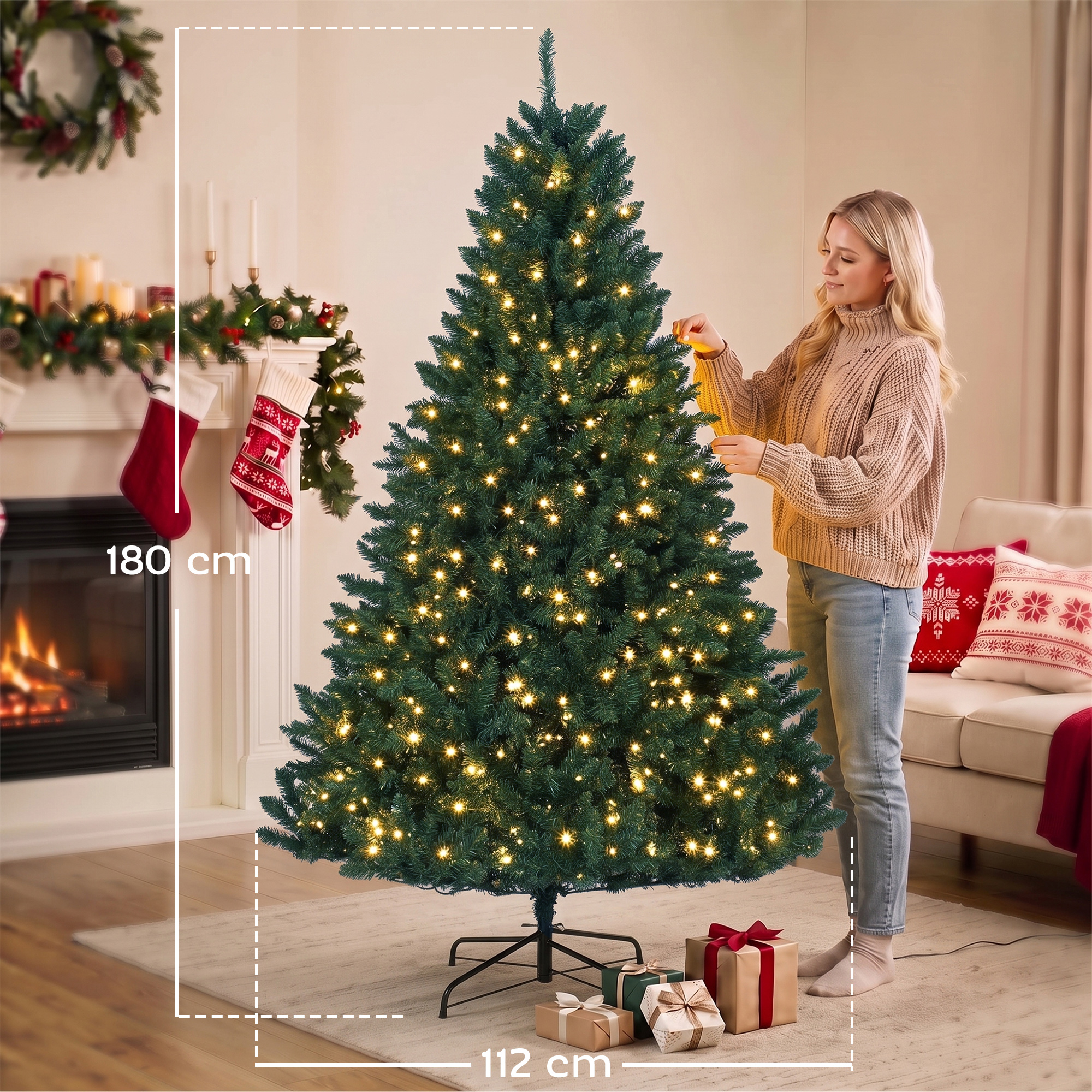 Weihnachtsbaum, 550 warmweiße LEDs, 1494 Zweige, flammhemmend, Kunststoff/Metall, 180 x 112 cm, Grün