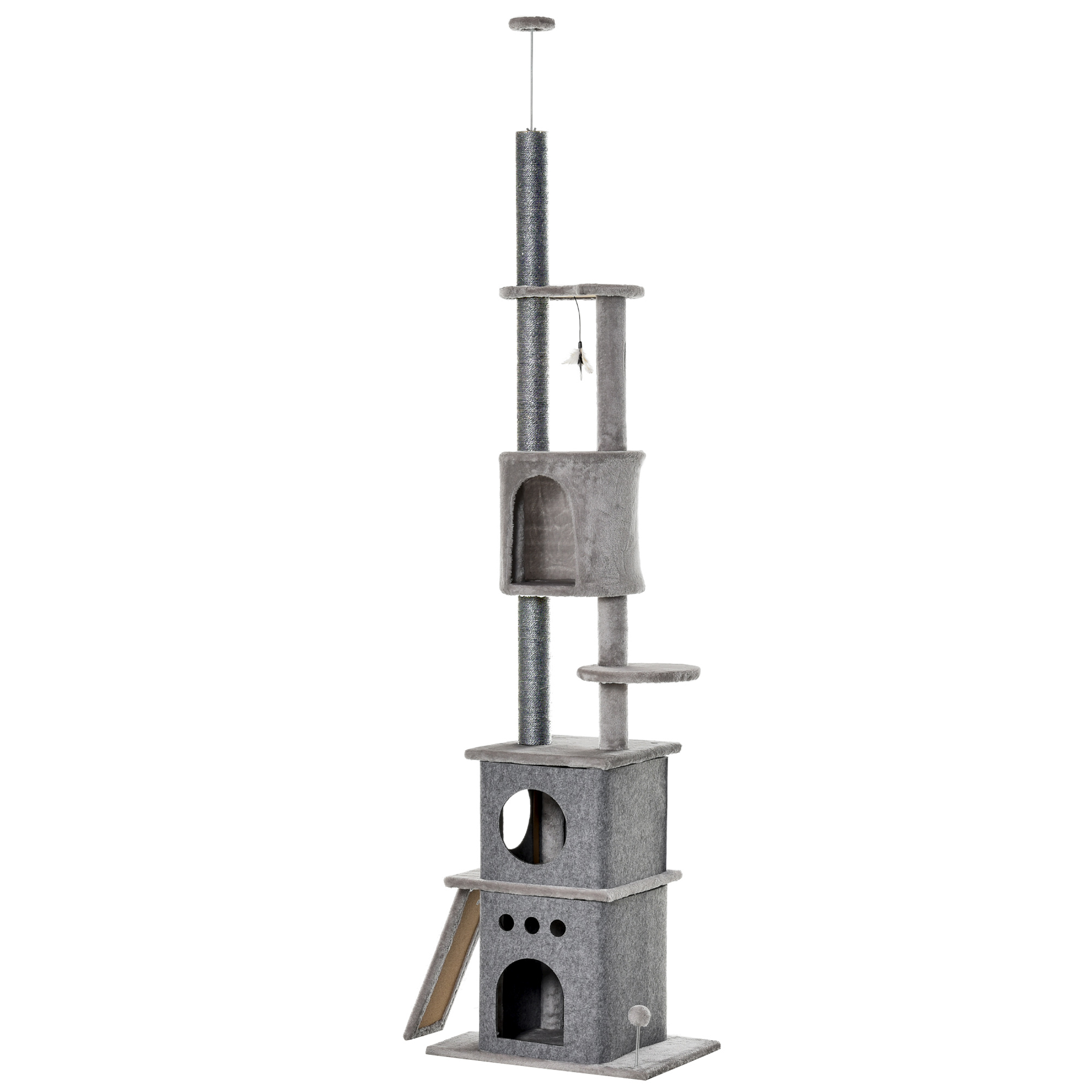 Kratzbaum Deckenhoch Höhenverstellbar 225-255 cm Katzenturm mit 6 Ebenen 3 Höhlen Katzenspielzeug Kratzbrett Katzenkratzbaum für mittelgroße Katzen, Hellgrau