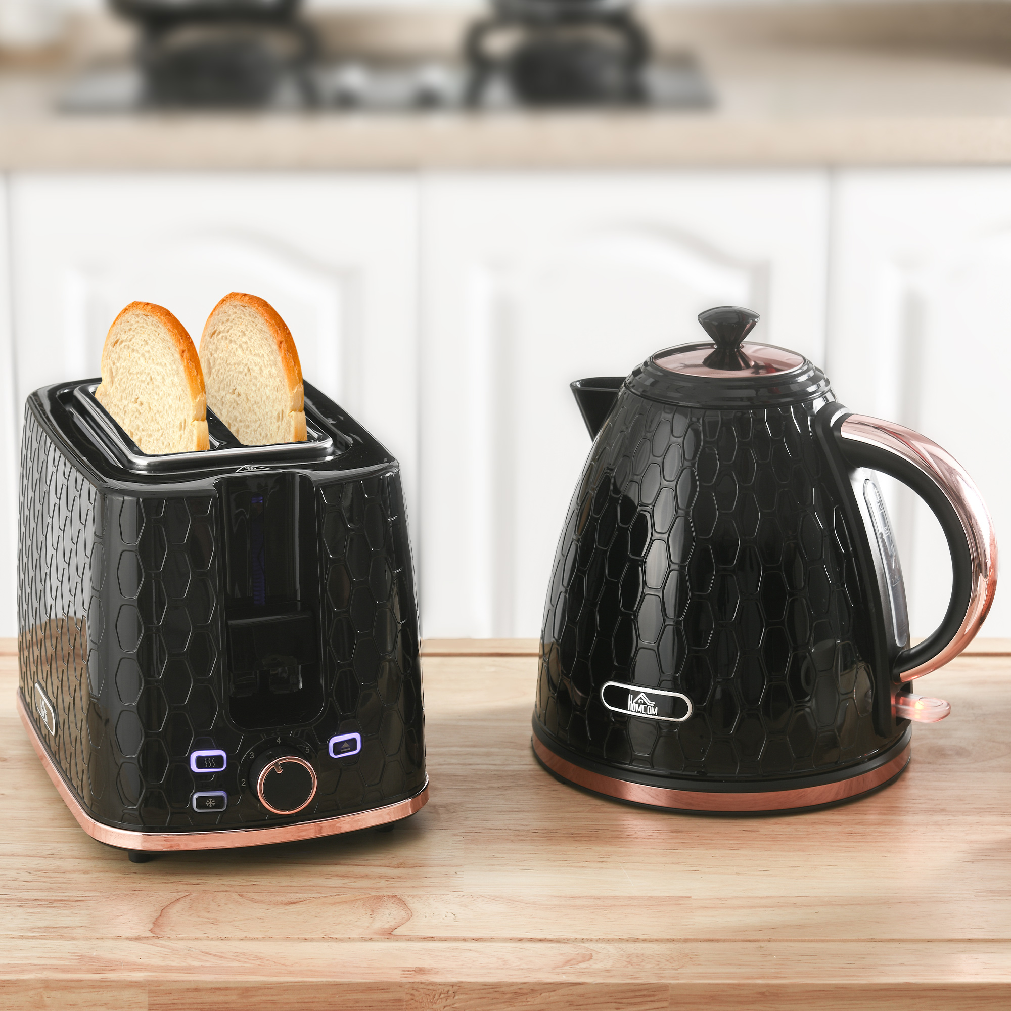 Wasserkocher- und Toaster-Set, 1,7 L, verschiedene Modi, LED-Anzeigen, Schwarz