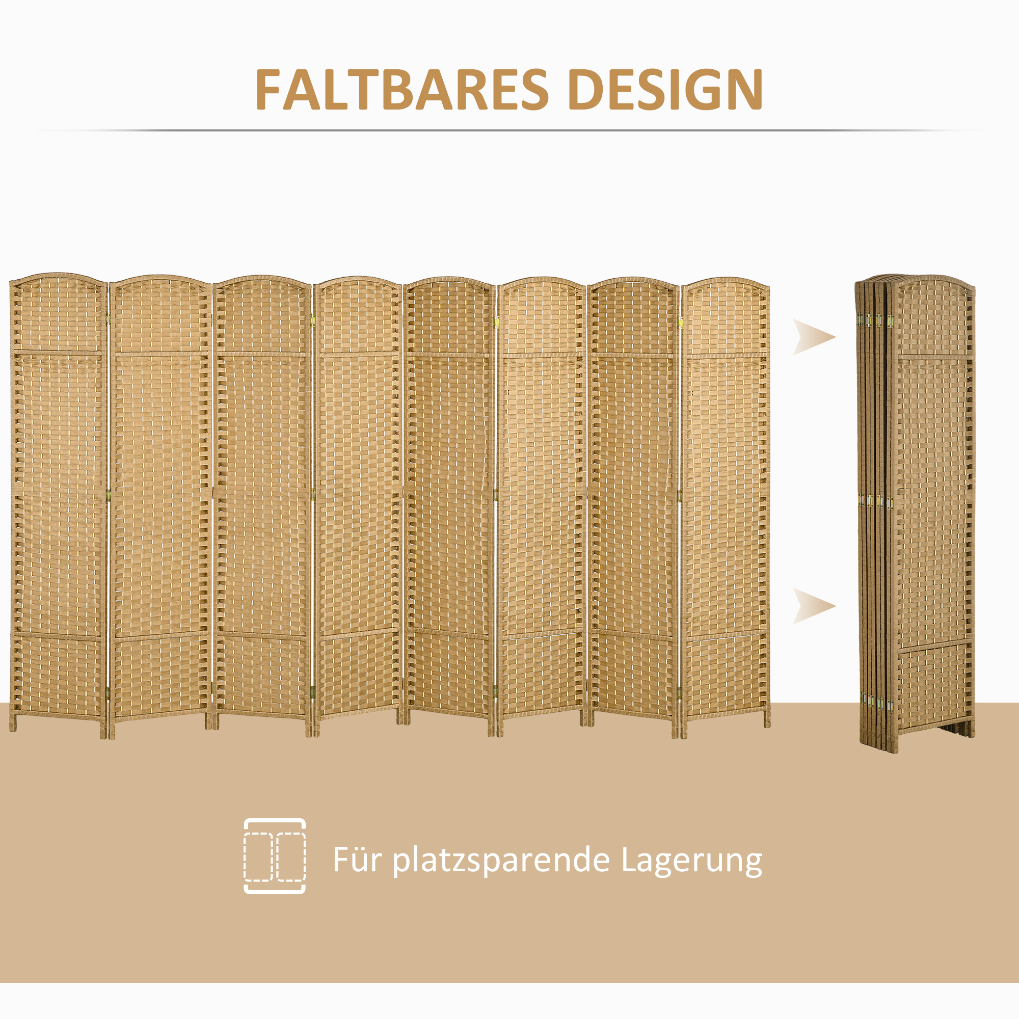 8-teiliger Raumtrenner, Faltbarer Sichtschutz, Sichtschutzwand für Wohnzimmer, Schlafzimmer, Homeoffice, Natur