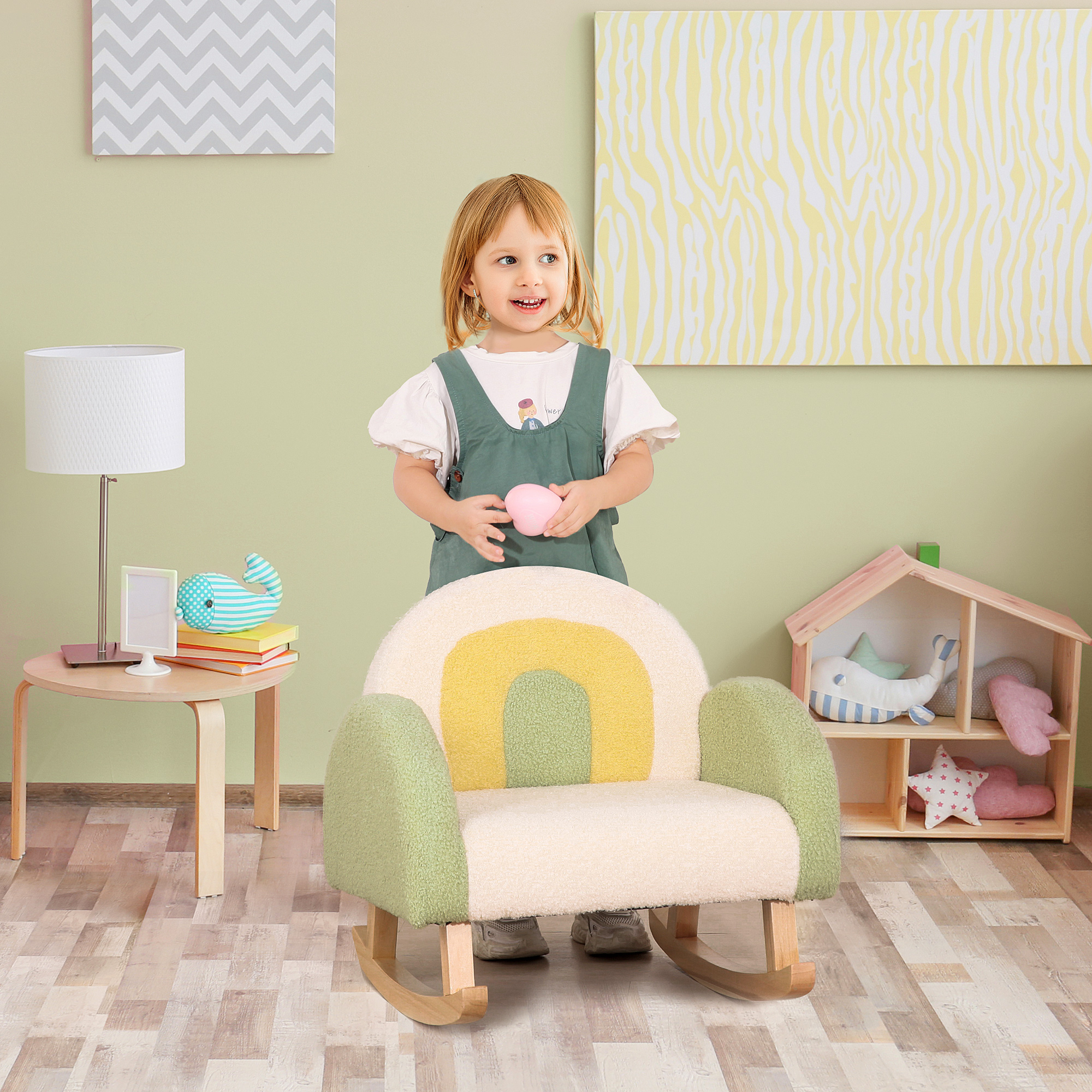 Schaukelstuhl für Kleinkinder Niedliches Design, Schaffell-Imitat, Eukalyptusholz Grün + Gelb Beige