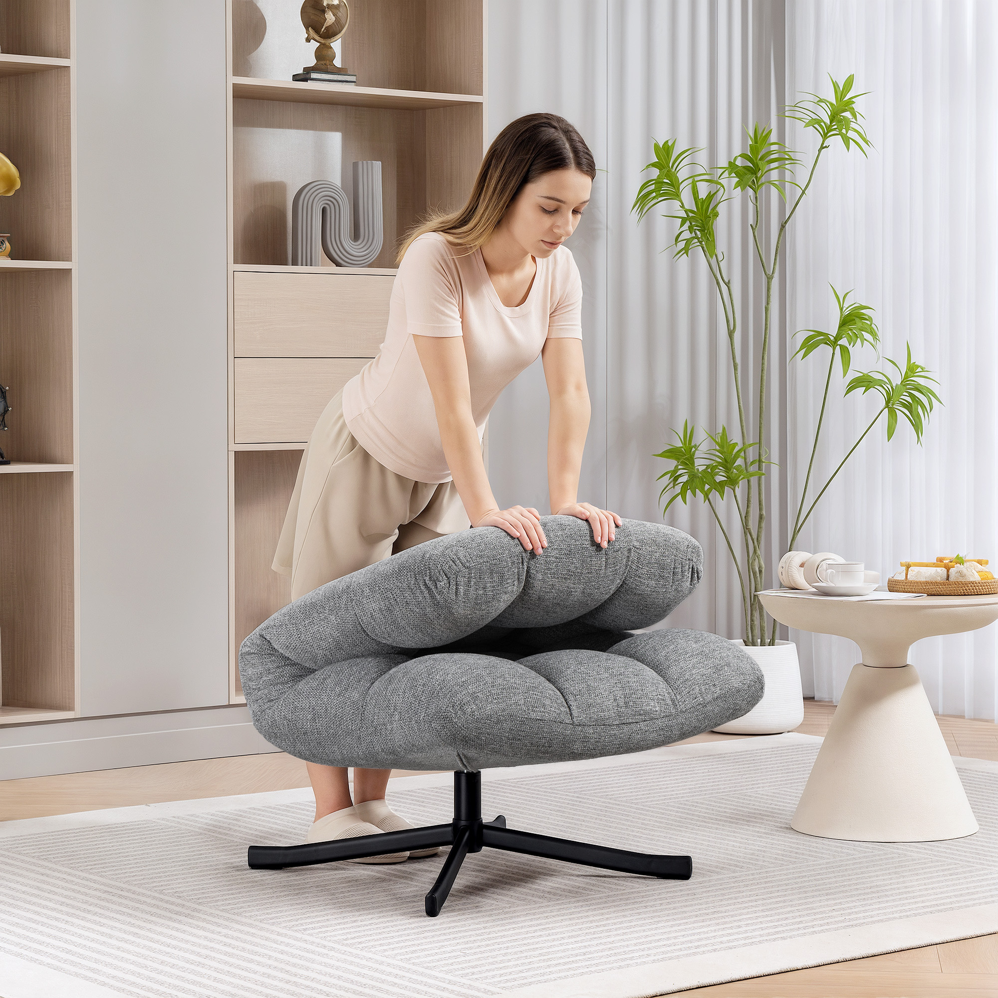 Sessel Drehbar Loungesessel mit Breiter Sitzfläche, wasserabweisend Chenille-Optik, gekreuzt Stahlbeine, Grau