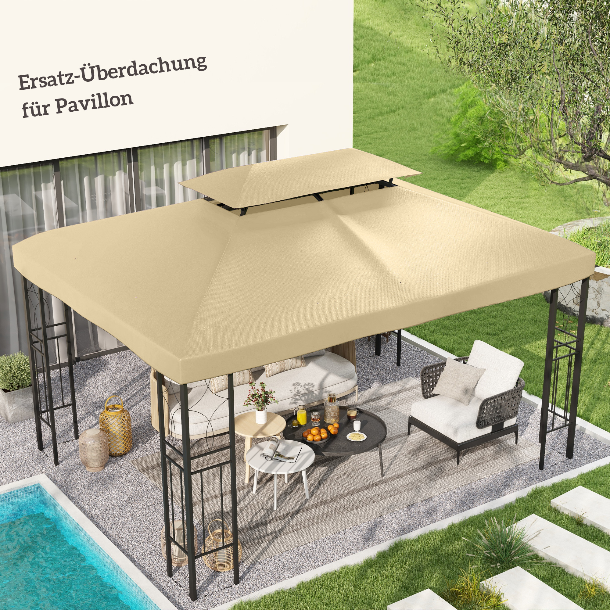 Ersatzdach für Pavillon 3 x 4 m wasserabweisend Pavillondach mit Doppeldach Beige