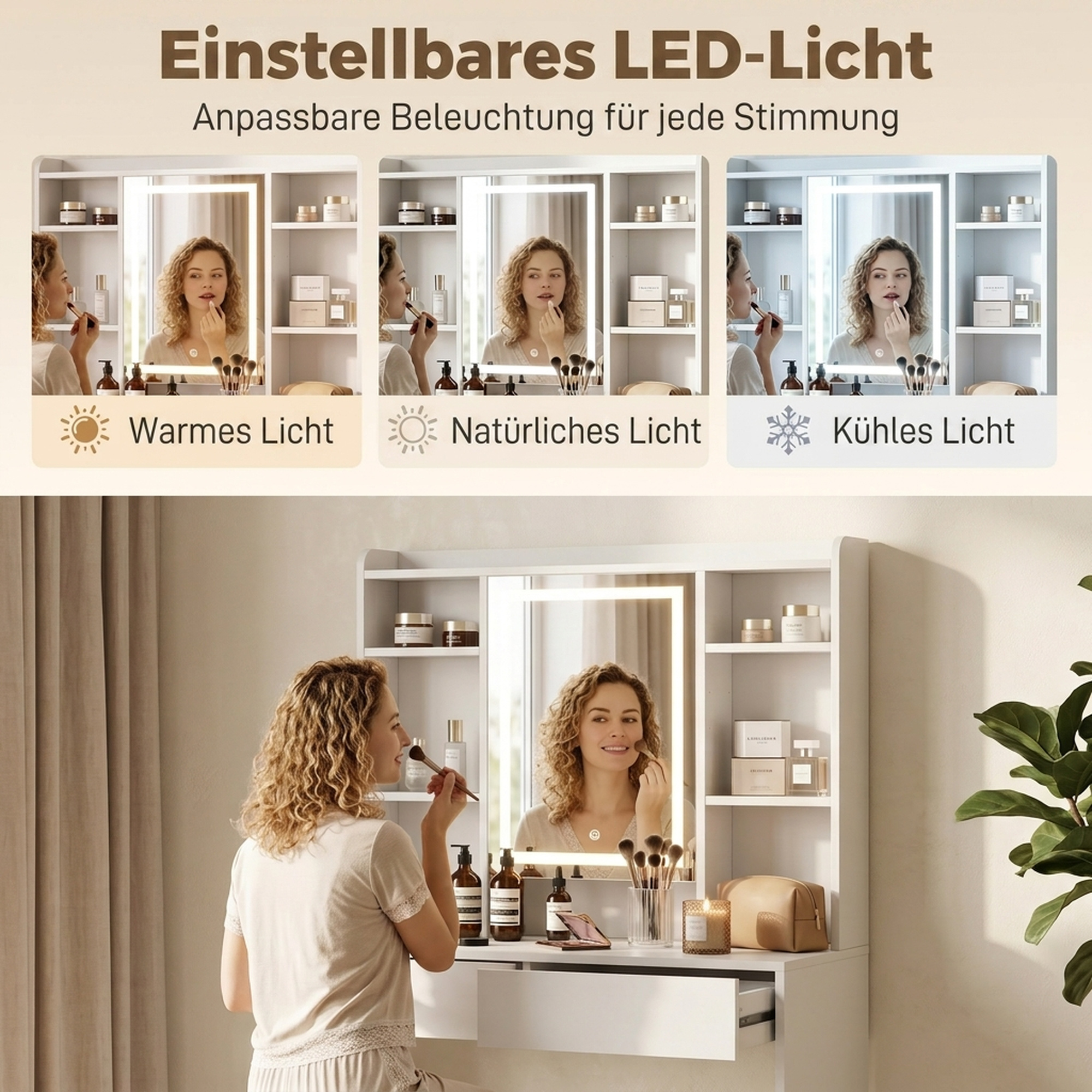 Schminktisch mit Spiegel und LED-Beleuchtung, Frisiertisch mit 2 Schubladen, offenen Fächern und 8 Haken, Weiß