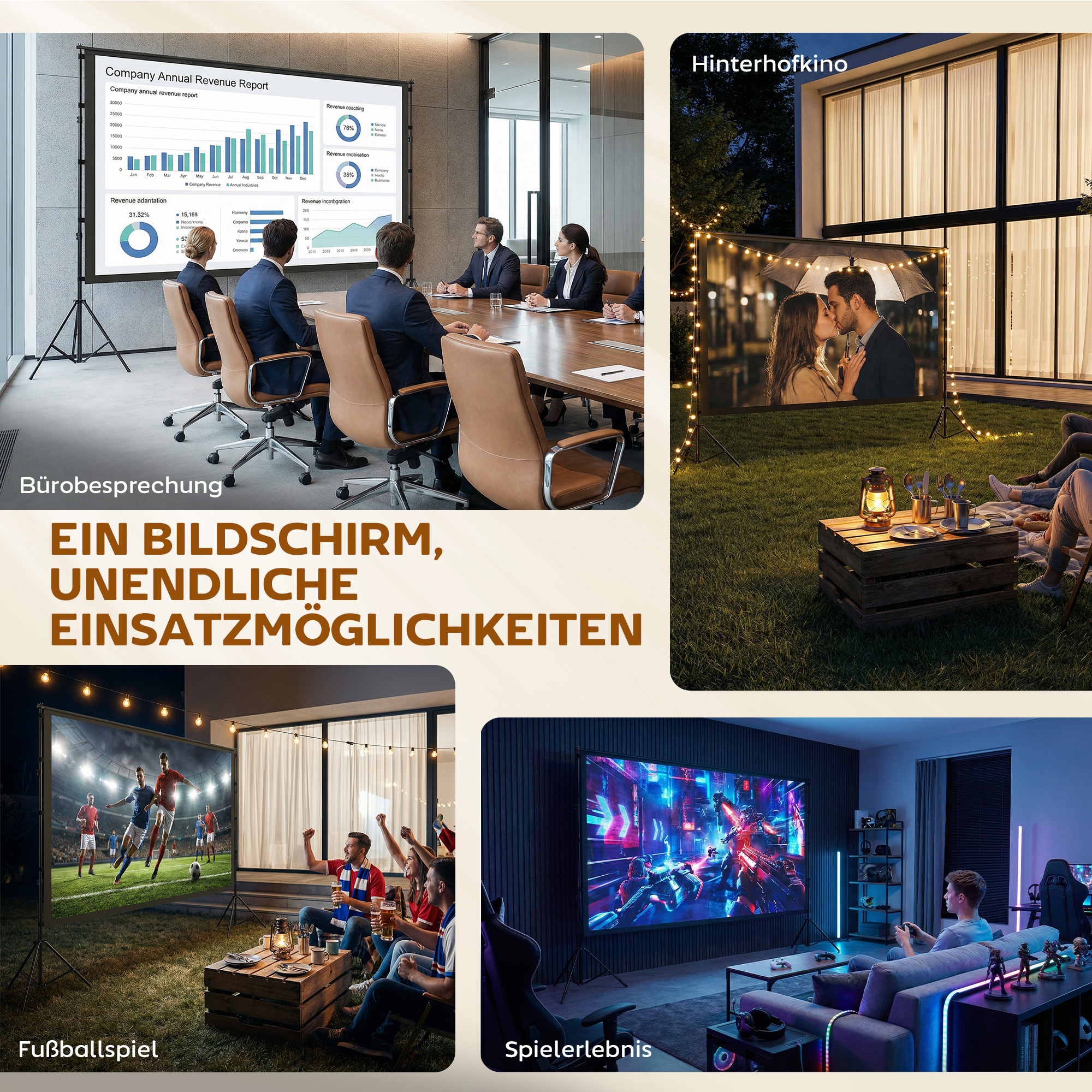 100 Zoll 16:9 HD 4K/8K Projektor-Leinwand mit Ständer, tragbare doppelseitige Leinwand mit klappbaren Stativen, Weiß