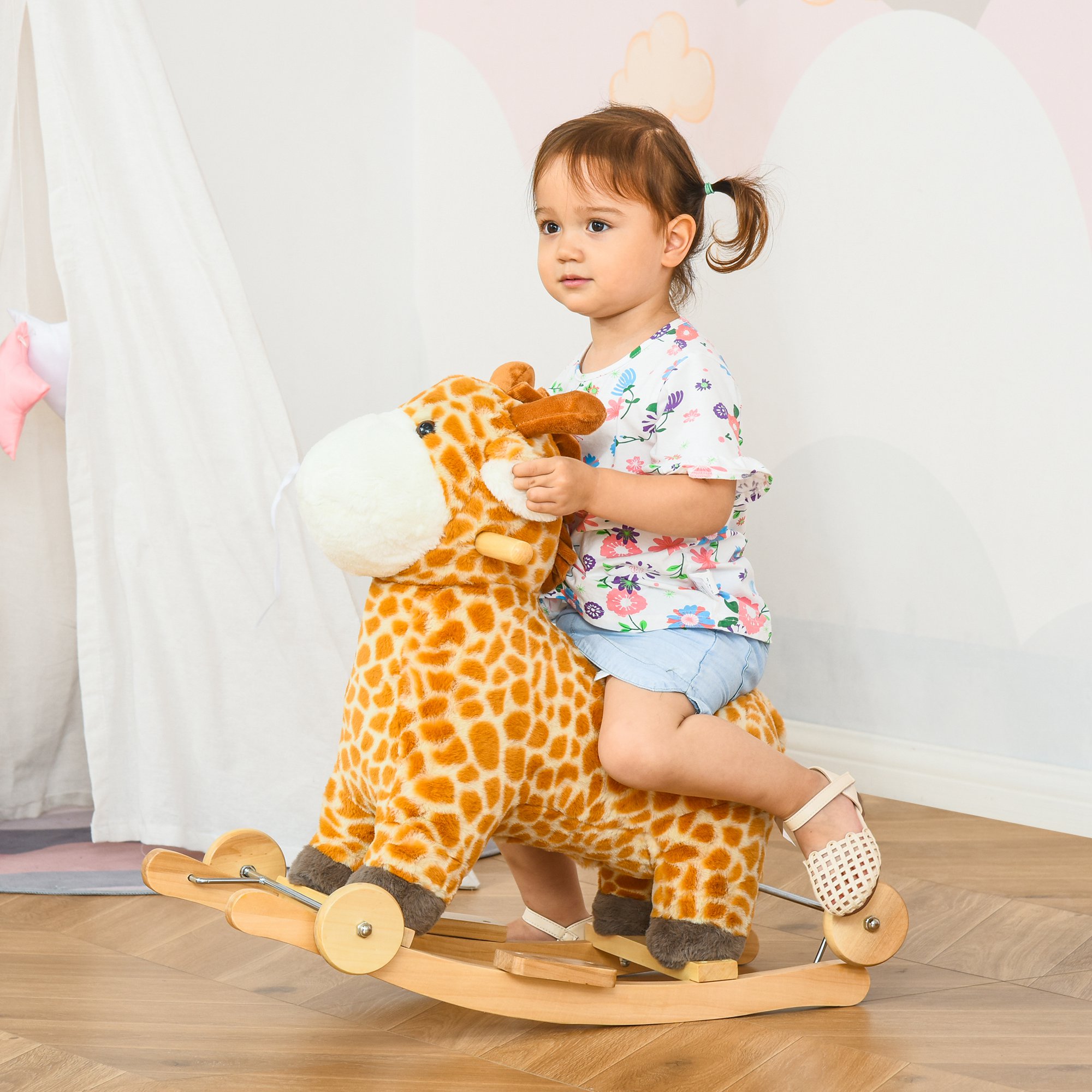 2-IN-1 Schaukeltier Giraffen mit Sound Effekt, Räder , Haltegriffen Plüsch Baby Schaukelspielzeug Schaukel Schaukelsitz für Kleinkinder 3-6 Jahre
