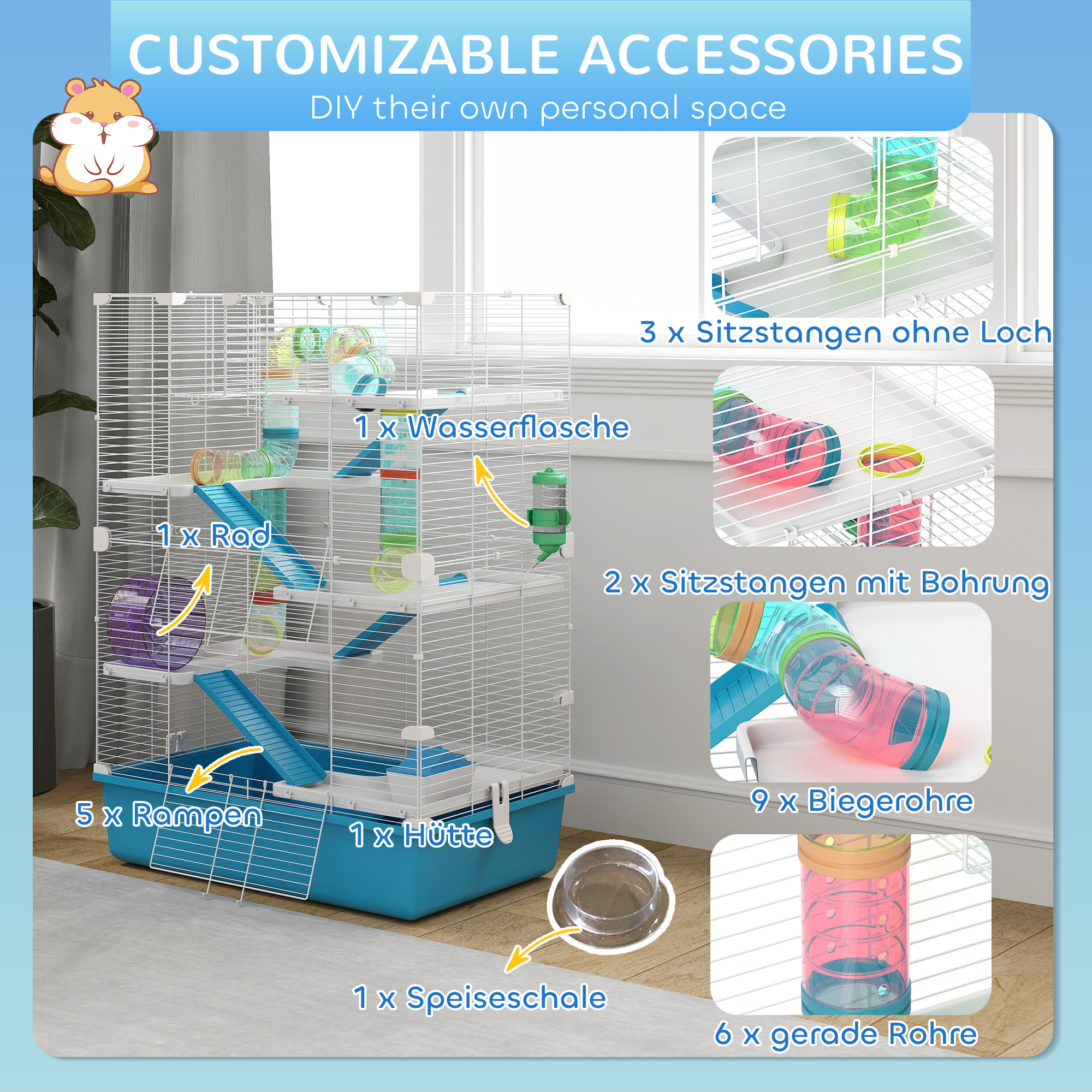 6-stöckiger Hamsterkäfig mit Röhren, Tunnels, Hütte, Laufrad, Futterschale, Wasserflasche, Rampen, Hellblau