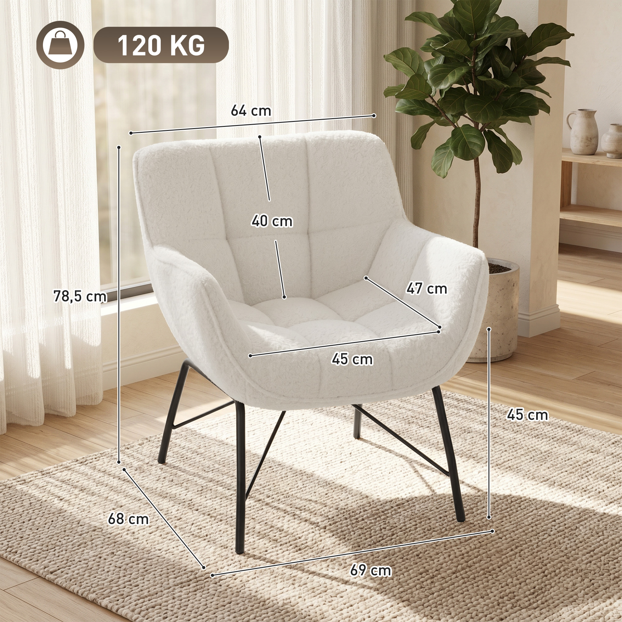 moderner Loungesessel, Sherpa-Fleece Sessel mit gebogener Rückenlehne, integrierten Armlehnen, Metallbeinen, Cremeweiß