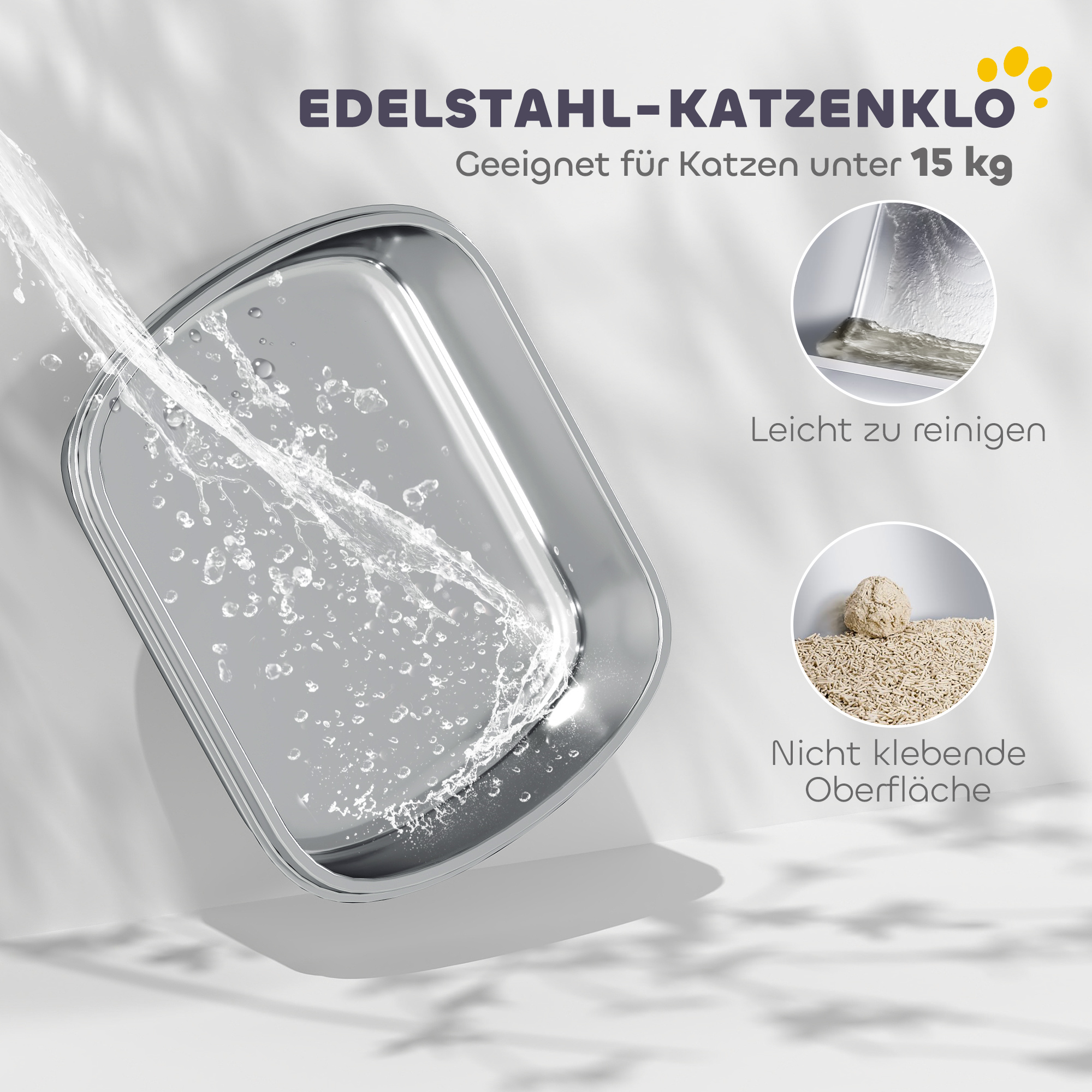 Katzenklo Edelstahl, Katzentoilette mit hohem Rand, Wanne, inklusive Schaufel, für große Katzen, 53x42x27cm, Kohlegrau