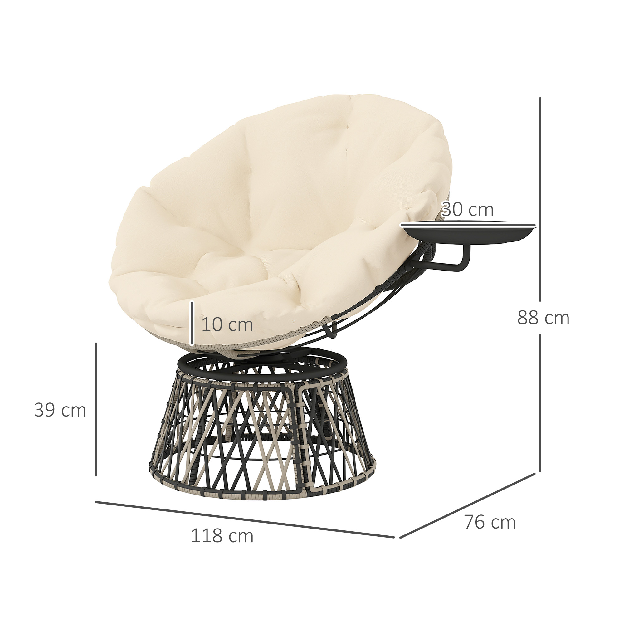 Papasansessel Rattan 360° drehbar Korbsessel mit Kissen Durchmesser 90 cm runder Beige