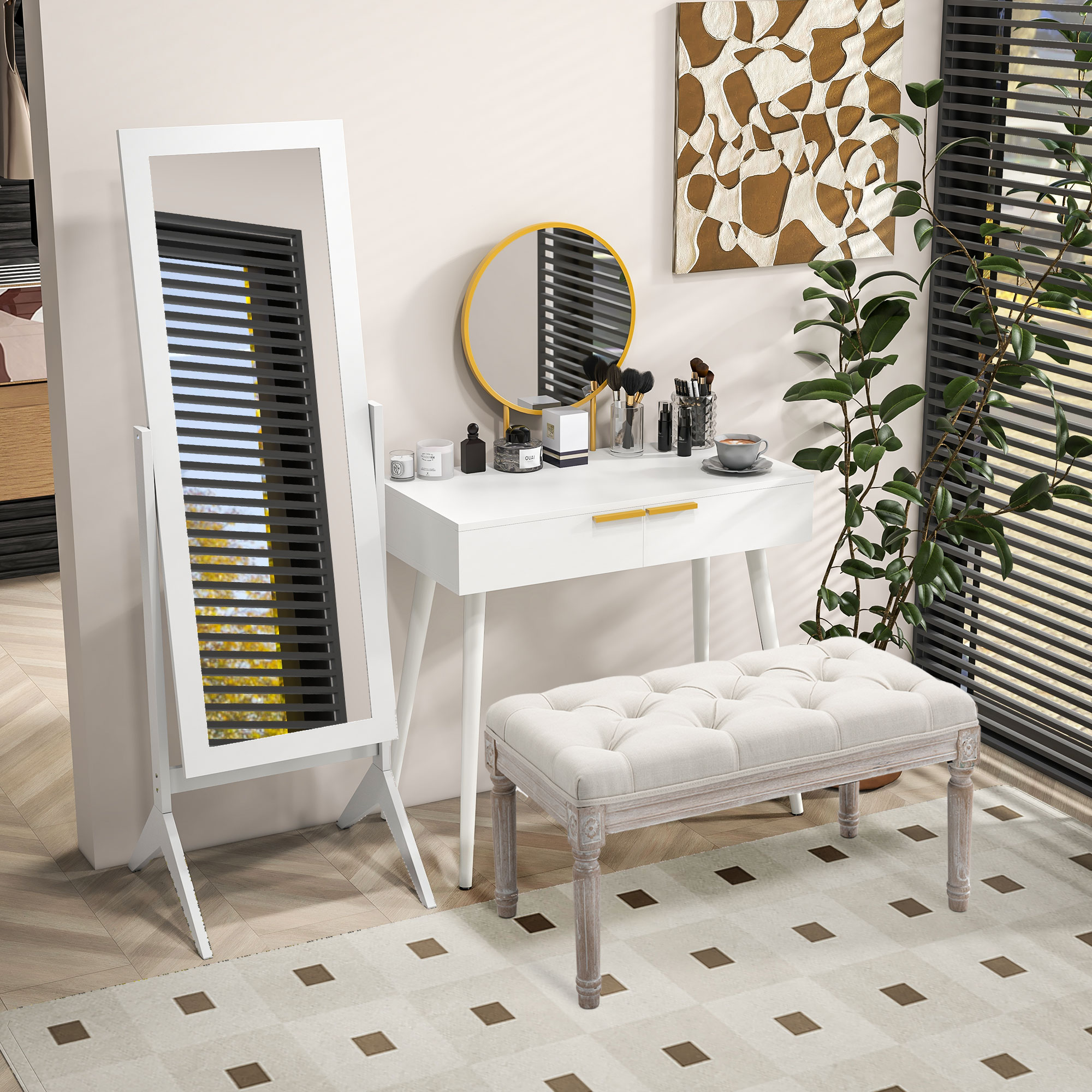 Standspiegel Ganzkörperspiegel Schminkspiegel erhöhte Füße Pflegeleicht MDF Weiß 47 x 46 x 148 cm