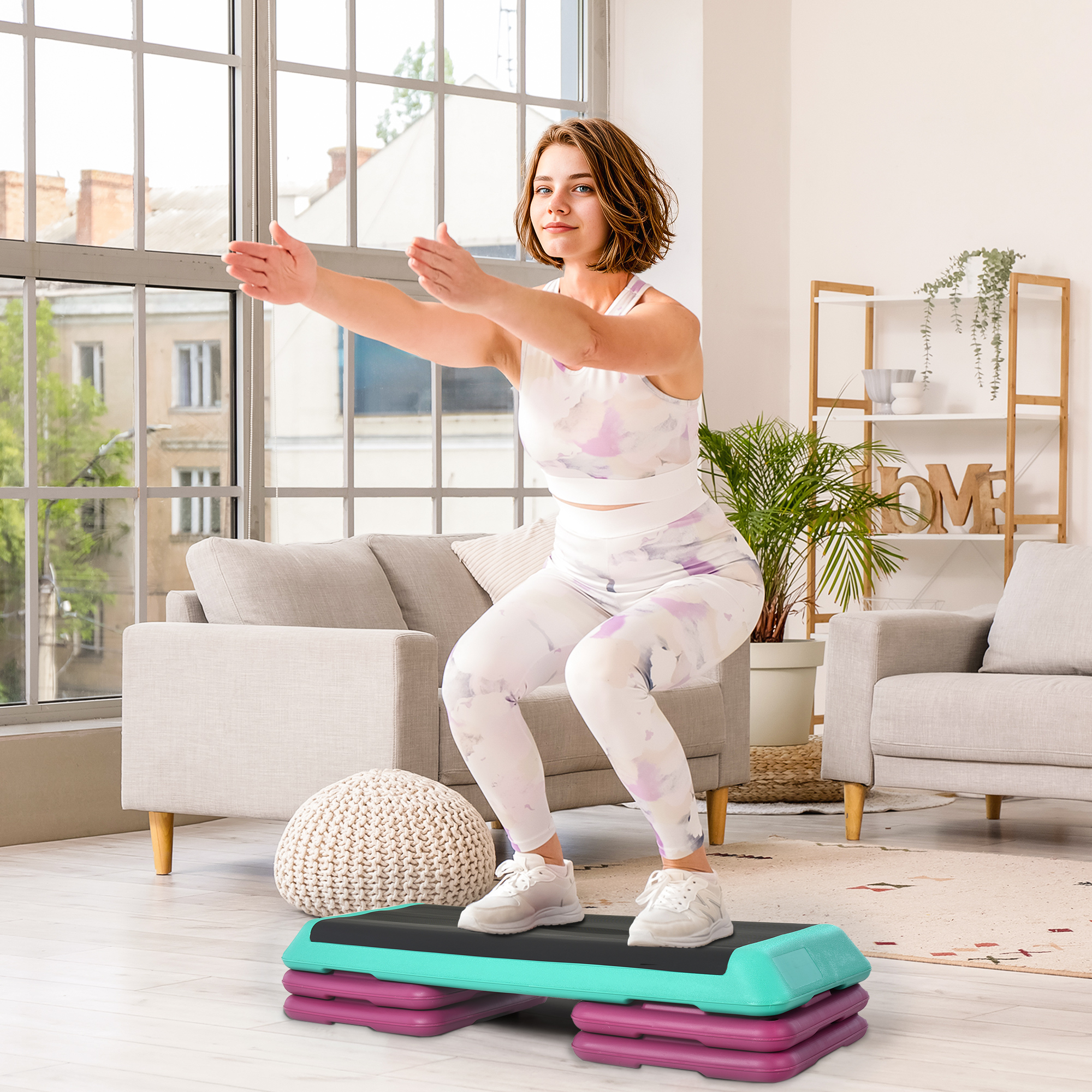Steppbrett höhenverstellbar Fitness Stepper 3 Stufen (10/15/20 cm) Rutschfest Stepbench für Zuhause Fitnessstudio Büro Kunststoff Schwarz+Grün+Violett