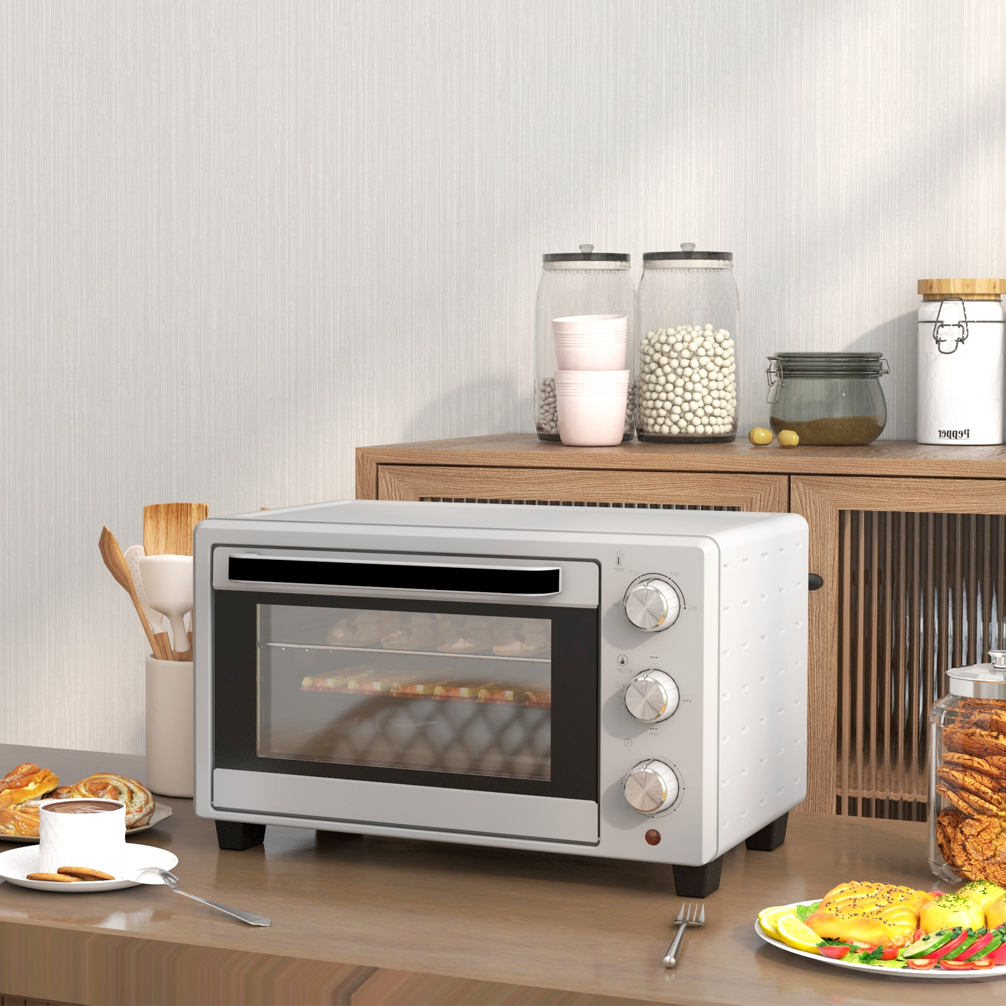 Minibackofen, 21 L Toasterofen mit 1 Drahtgestell und 1 Backblech, 3 Kochmodi, 100 °C-230 °C, Edelstahl, Glas, Silber