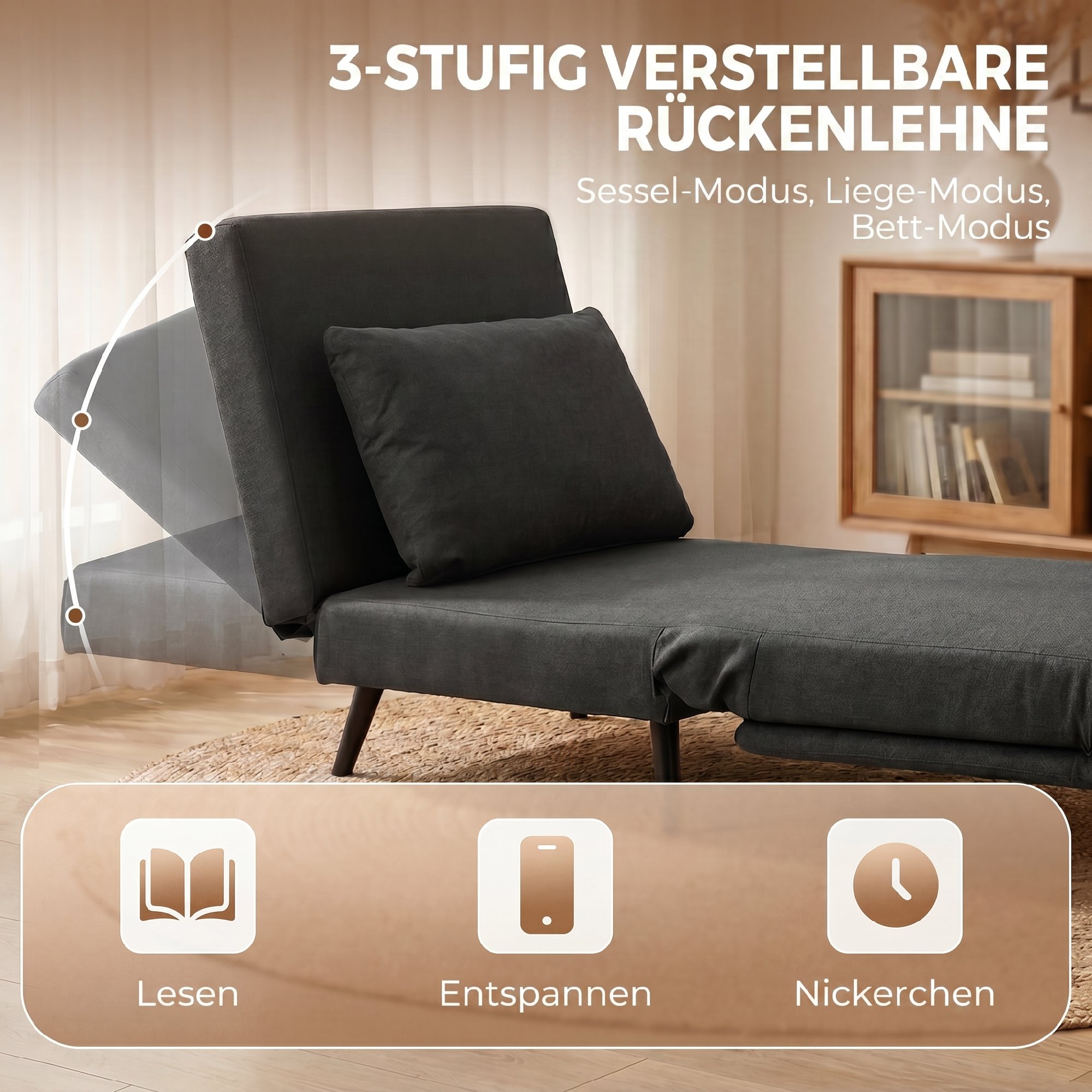 Schlafsessel, 3-in-1 Klappbarer Leinen-Schlafsessel mit verstellbarer Rückenlehne, S-Federn, Metallbeinen, Dunkelgrau