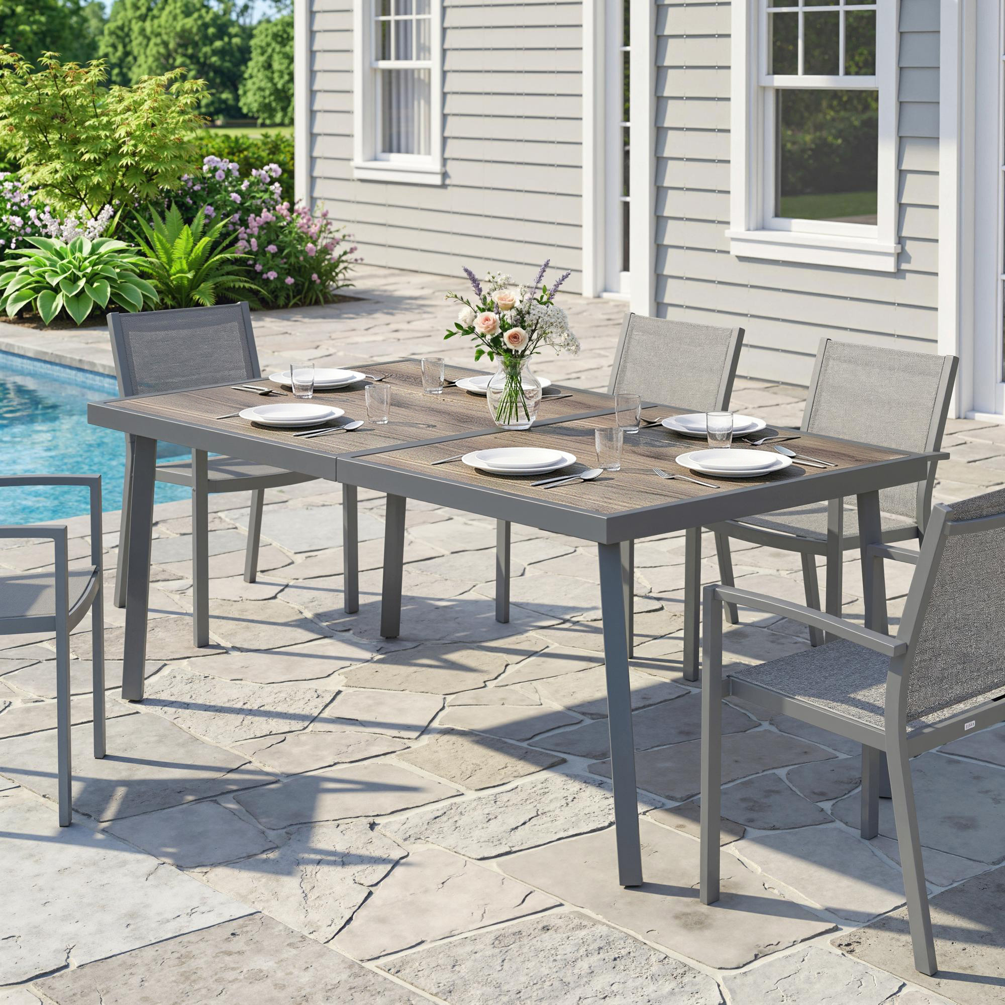 Outdoor Tisch für 6 Personen, Holzoptik, Metallrahmen, wetterfest, 145 x 85 x 72 cm, Grau