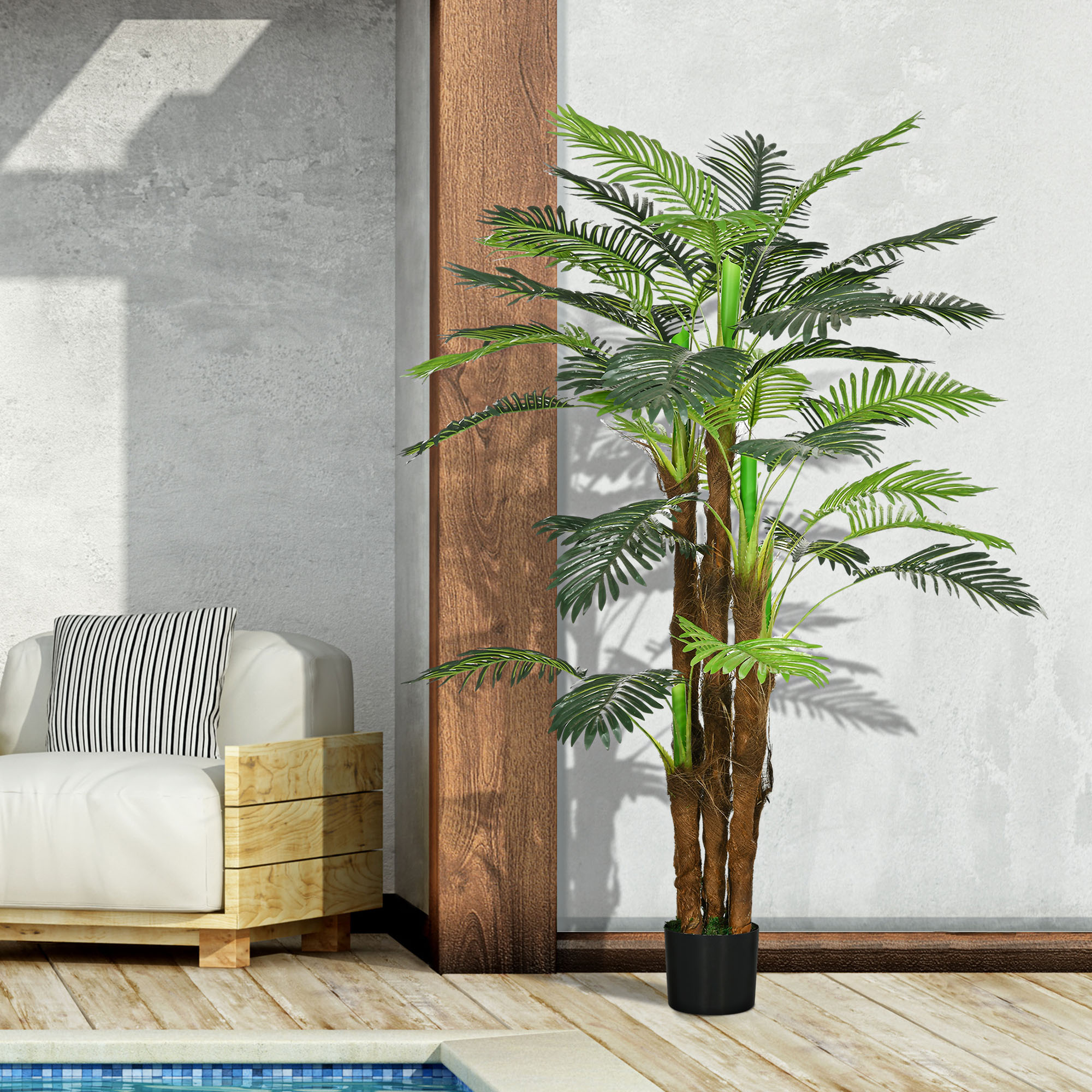 Künstliche Palme, 1,6 m, realistische Zweige, Dekorationspflanze, Kunststoff, mit Topf, Braun+Grün