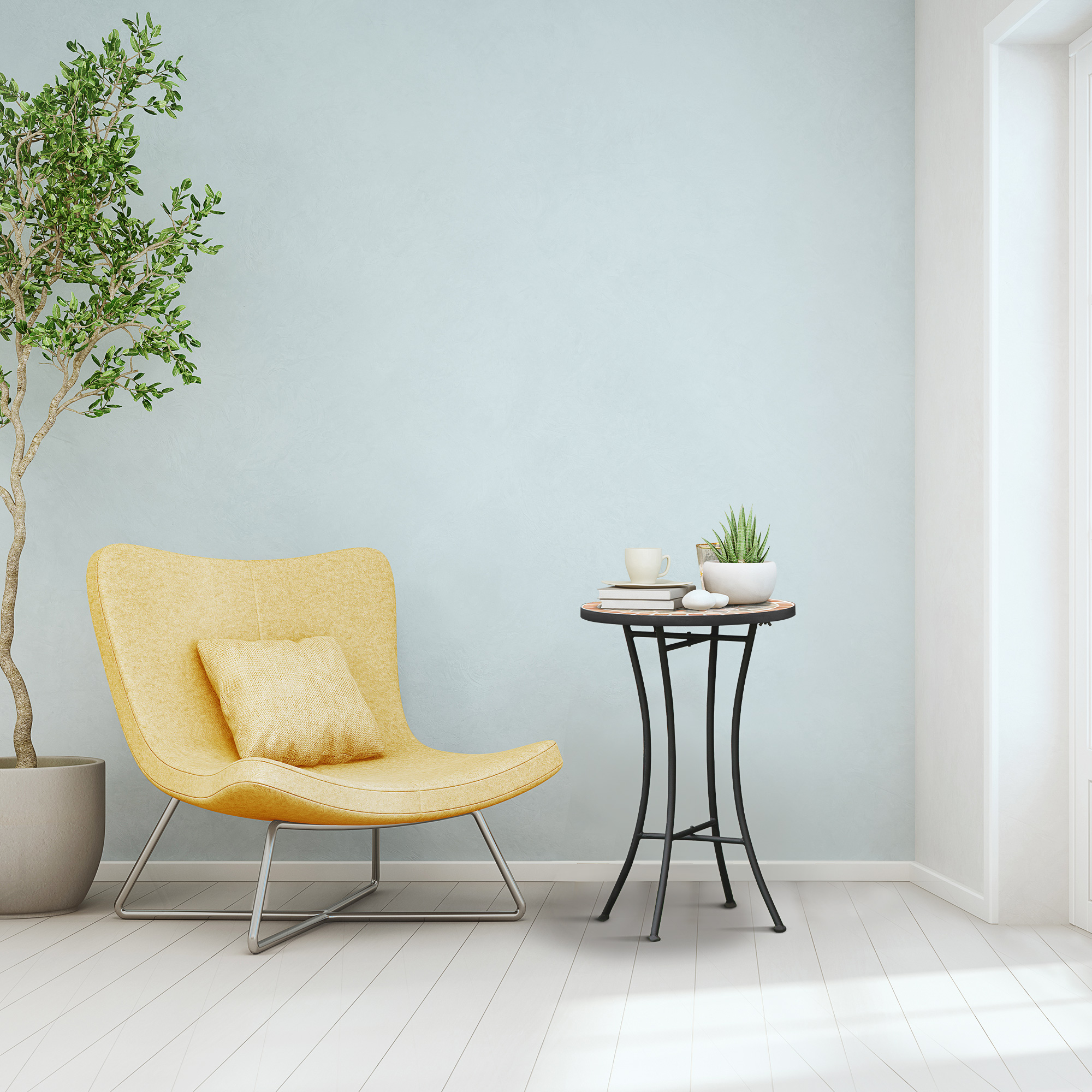 Beistelltisch Gartentisch Ø35,5cm Rund wetterfest im Mesh-Stil Balkontisch mit Mosaik-Muster Metall Campingtisch Kaffeetisch für Wohnzimmer Büro Outdoor Indoor Gelb+Grau