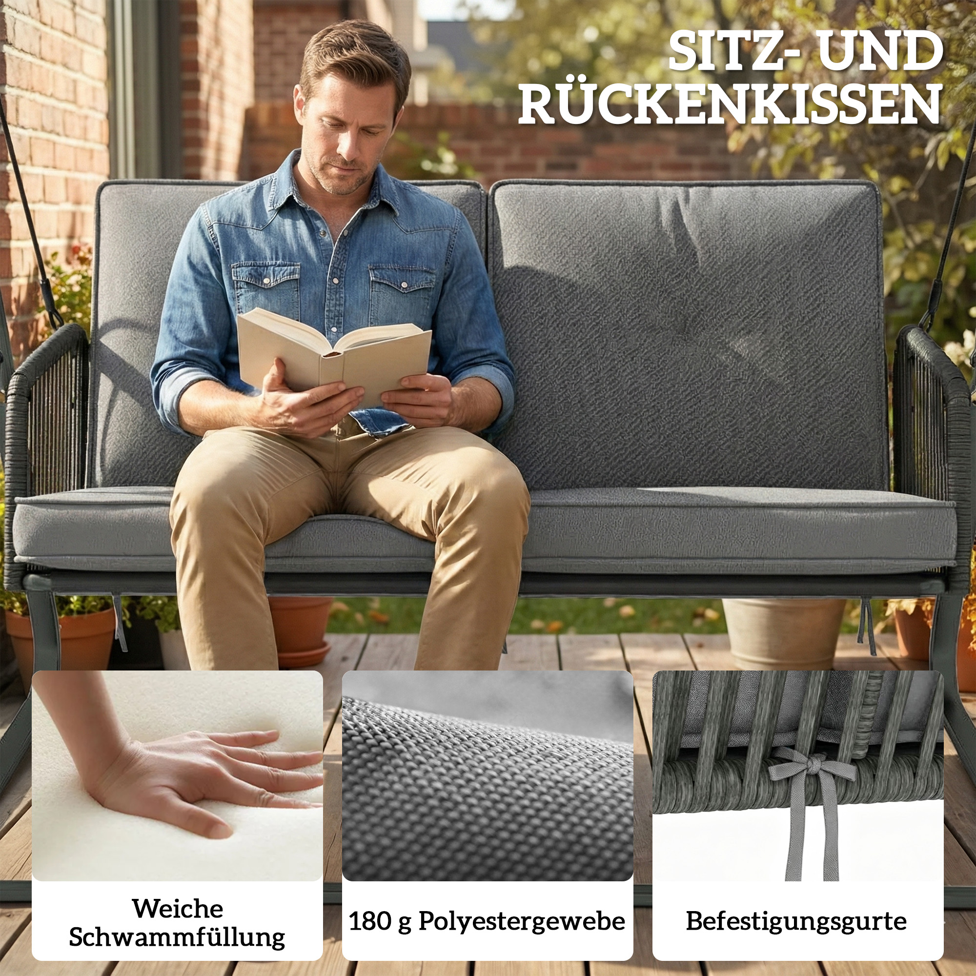 Hollywoodschaukel Rattan 2-Sitzer Gartenschaukel mit Verstellbarem Sonnendach weichem Kissen A-Rahmen