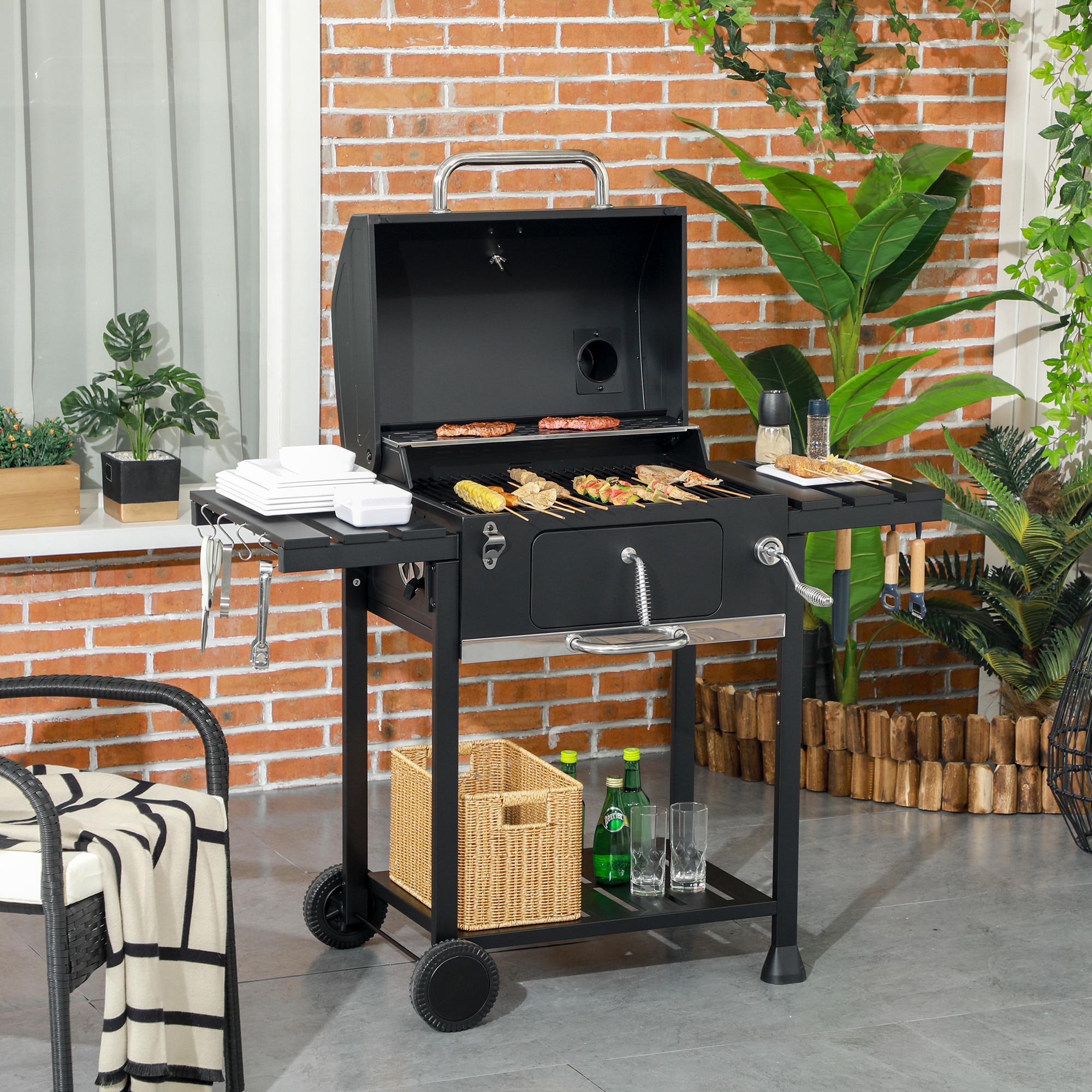 Kohlegrill BBQ-Grill Smoker, inkl. Thermometer, Flaschenöffner, 120 x 64 x 114 cm, Schwarz