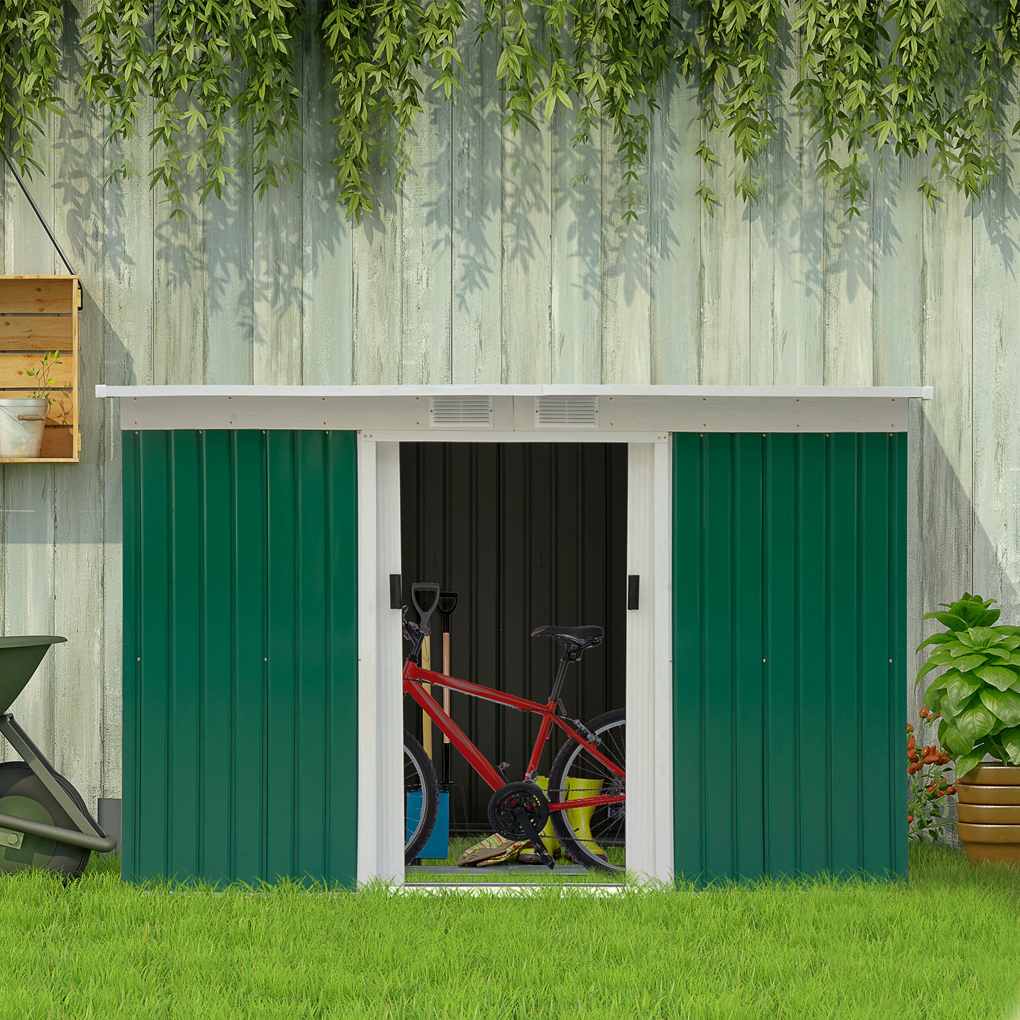 Metall Gerätehaus 6,3m³ 280x130x172cm Geräteschuppen mit Pultdach Schiebetür wetterfest Gartenhaus Outdoor Garten Schuppen Schrank für Hinterhof Außenbereich Anthrazit, Dunkelgrün