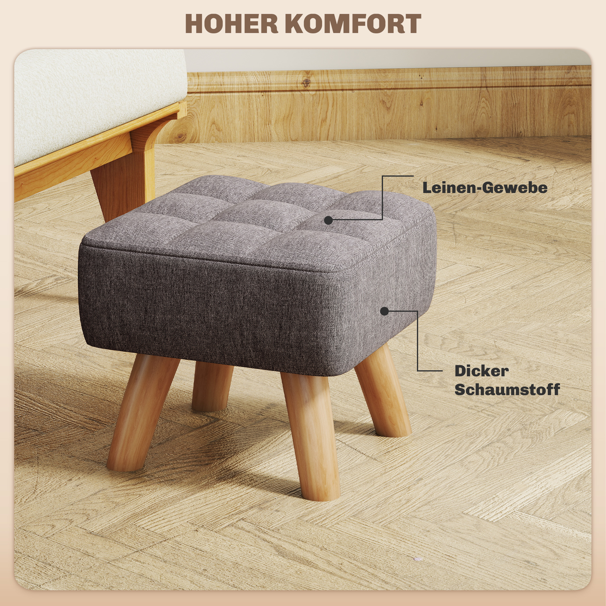 Fußhocker mit Polsterung, Leinenoptik, Holzbeine, bis 110 kg belastbar, Grau