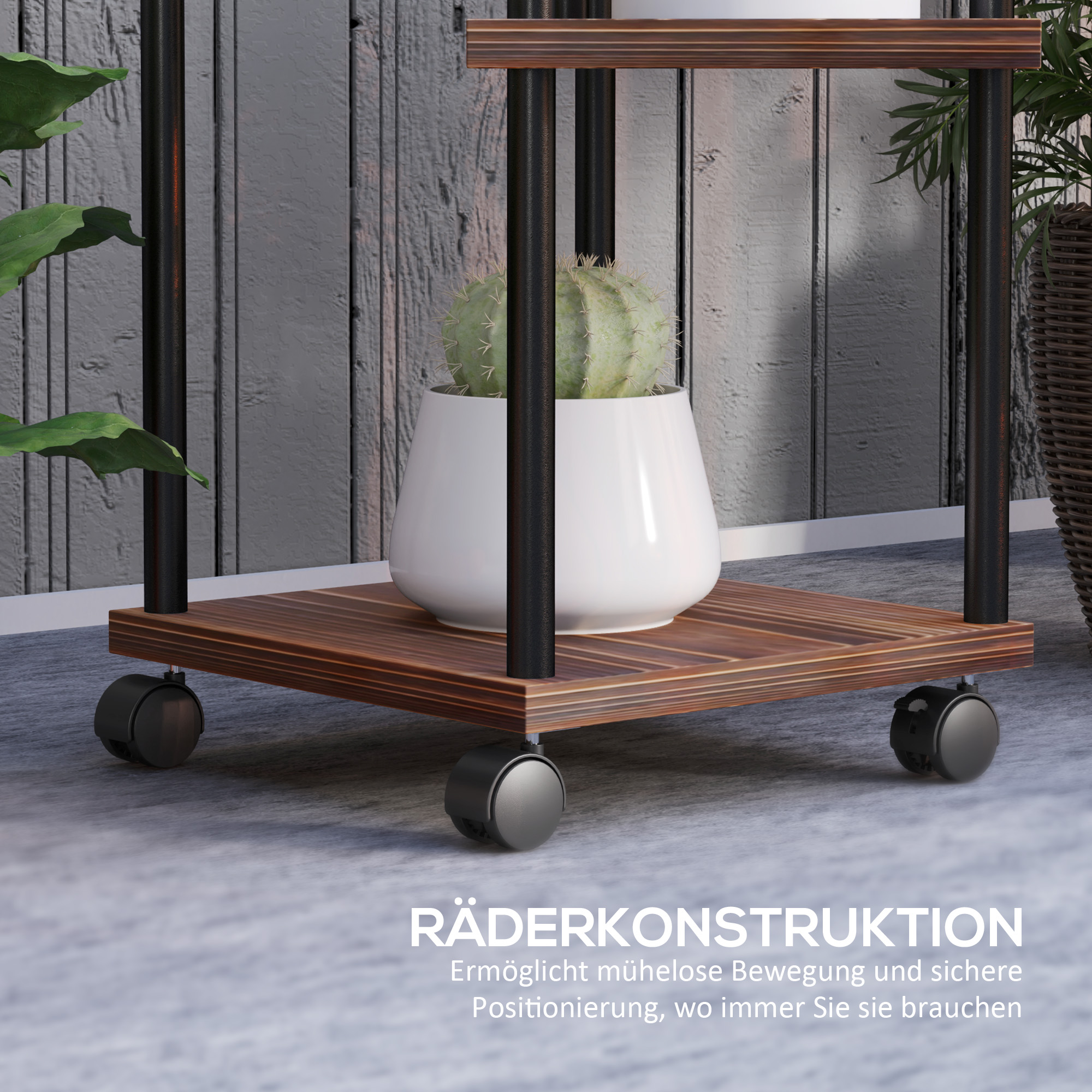 Blumenständer mit 5 Ebenen, 5-stufiger Pflanzenständer, versetztes Design, leicht zu verschieben, Holz, Stahl