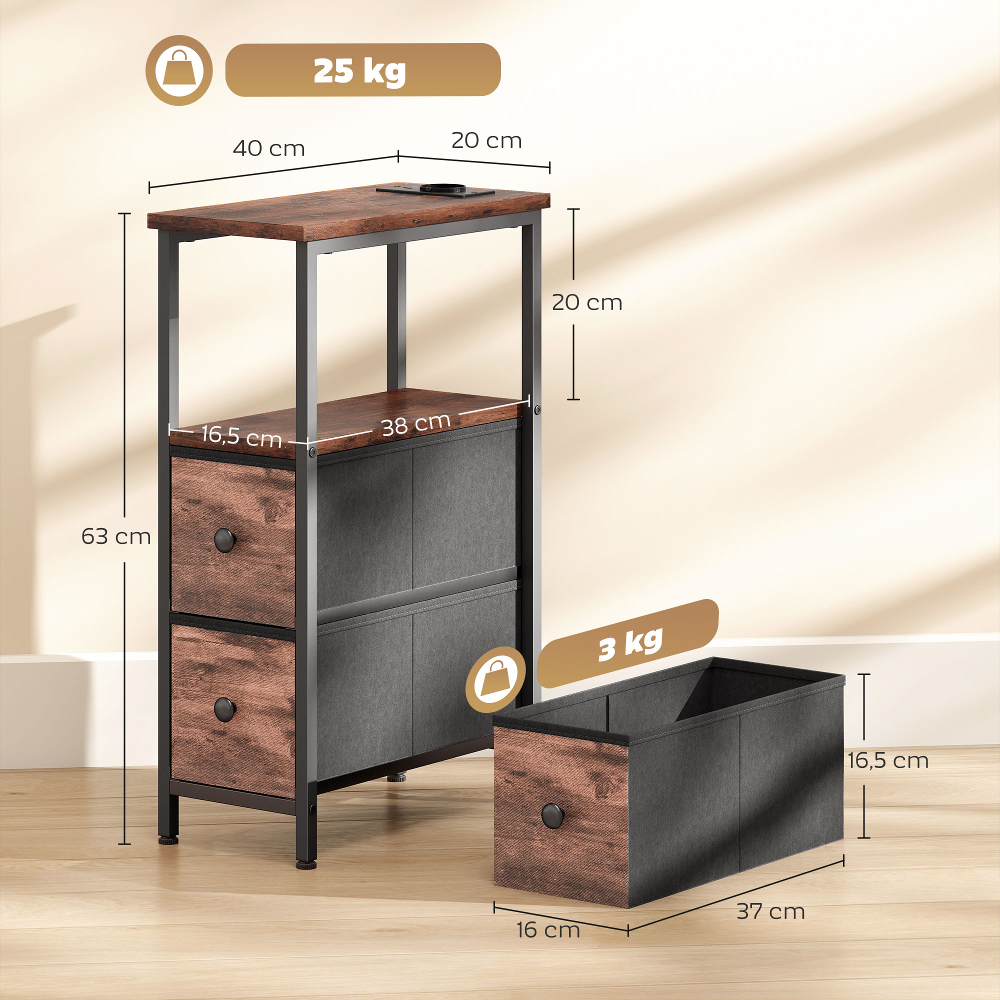 Couchtisch Beistelltisch mit Ladestation, Stahlrahmen, 2 Stoffschublade, offen Fach, 20cm x 40cm x 63cm, Rustikal-Braun