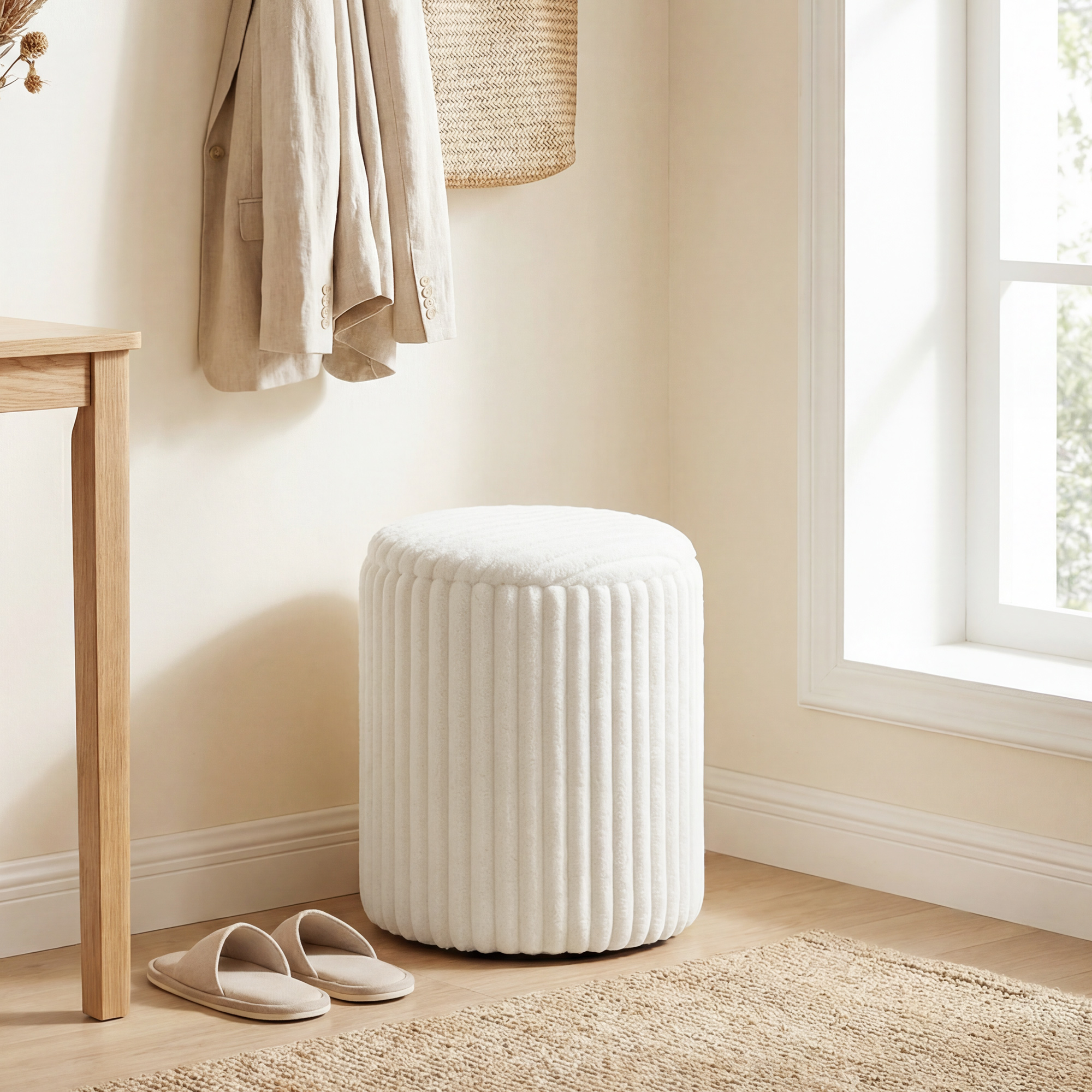 Aufbewahrungshocker mit Wendedeckel, Moderner Cord-Sitzhocker für Wohnzimmer und Schlafzimmer, Weiß