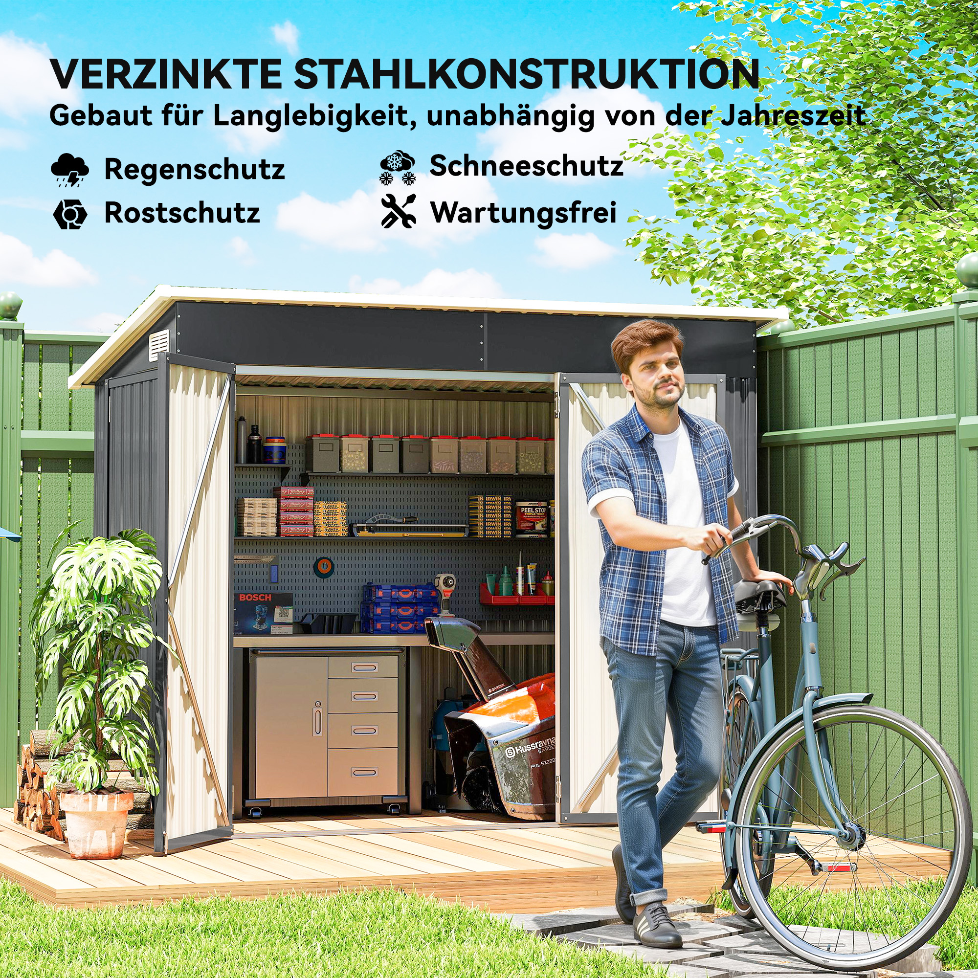 Metall Gerätehaus 2,68 m², abschließbar Geräteschuppen mit 3 Türen Lüftung Pultdach Handschuhen