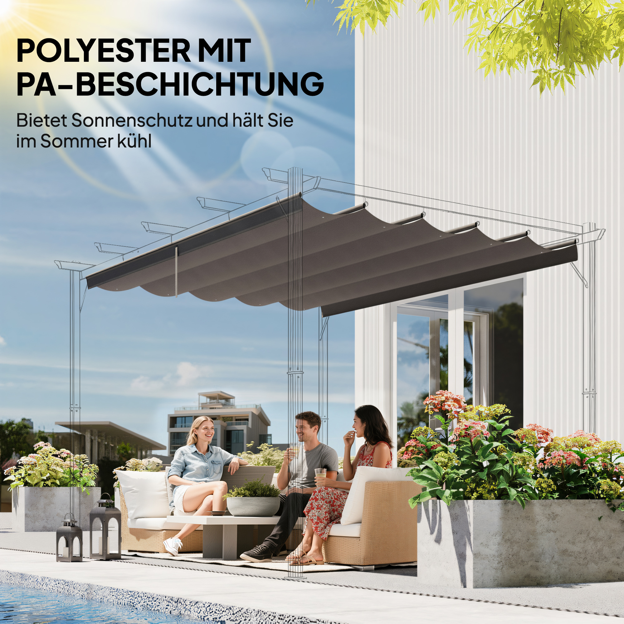 Ersatzdach für 3 x 3 m Pergola, einziehbar, mit Regenabflusslöchern, wetterfest, Polyester, Hellgrau