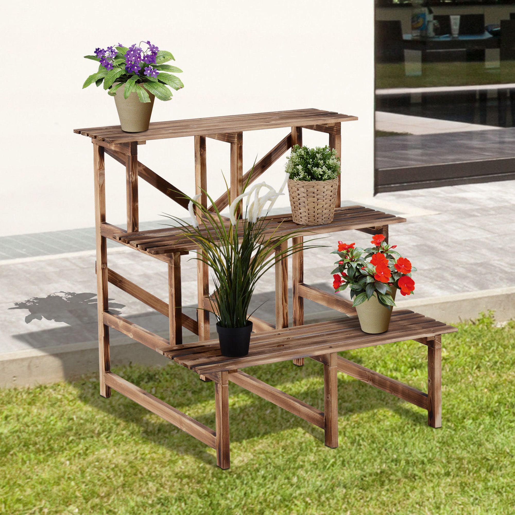 Pflanzentreppe, Blumentreppe, Blumenregal, Pflanzregal, Blumenständer, 3 Stufen, Tannenholz, 80 x 80 x 78cm