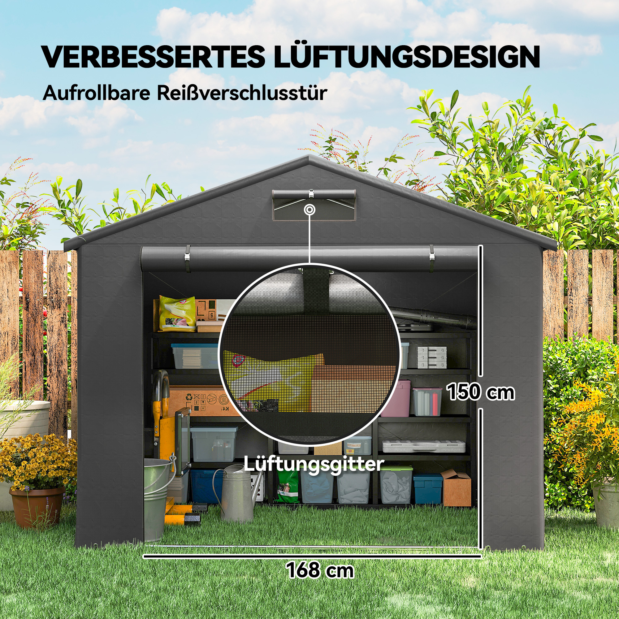Zeltgarage 2,5x1,8 m Wasserdicht Garagenzelt mit aufrollbarer Reißverschlusstür Belüftungsfenster Dunkelgrau