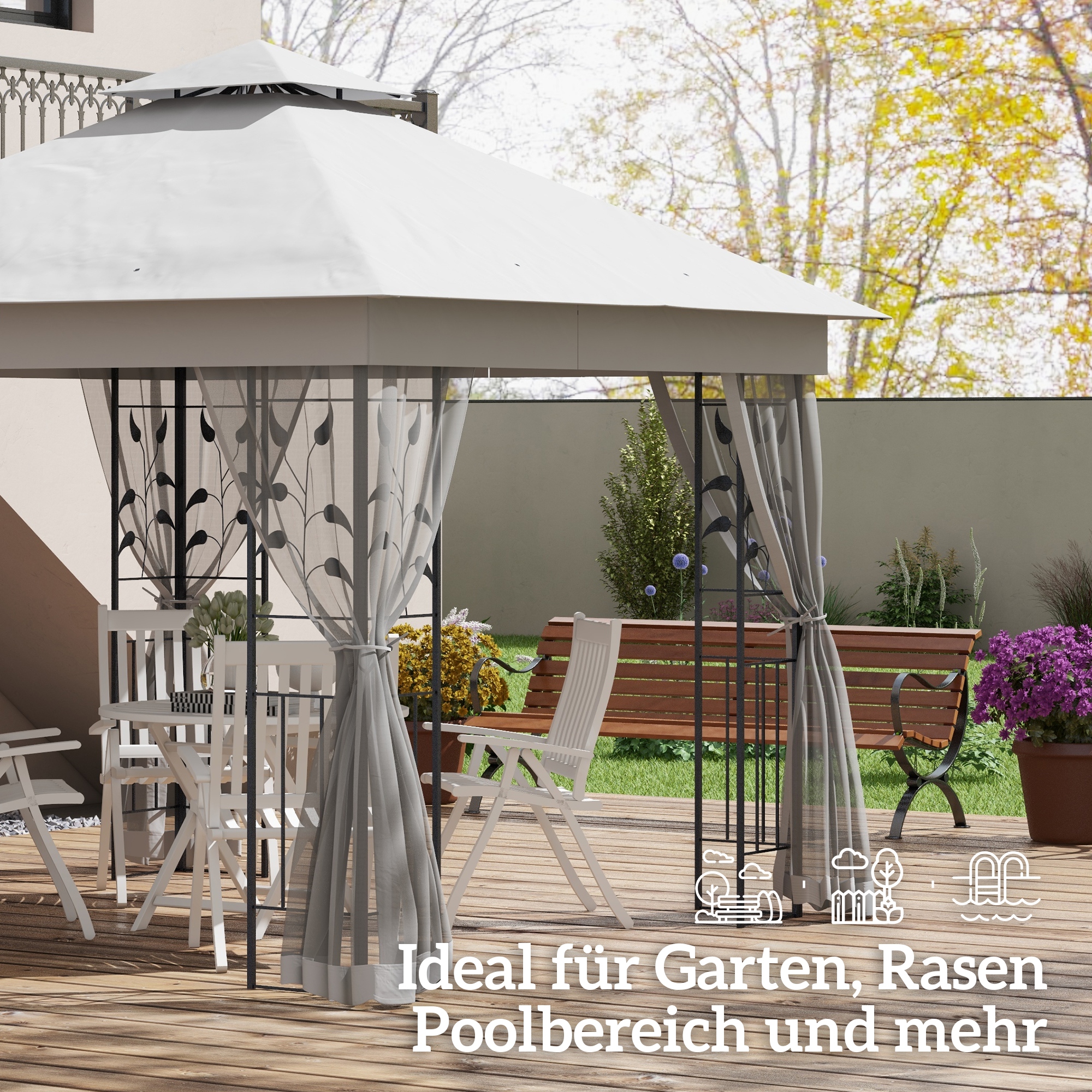 Pavillon mit Doppeldach, 3x3 m Wasserabweisend Stabil Winterfest Gartenpavillon mit Moskitonetz Hellgrau