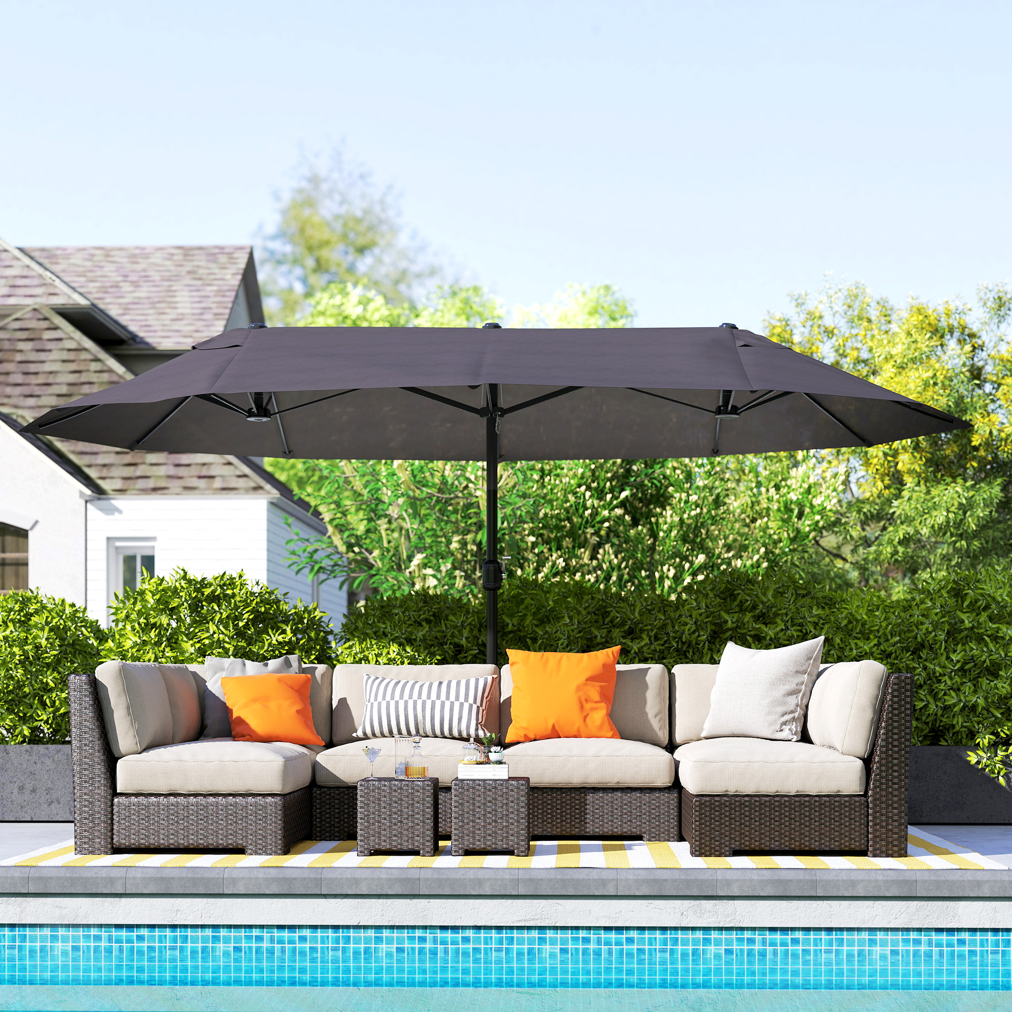 Doppelsonnenschirm 455 x 265 cm, UV Schutz Sonnenschirm mit Handkurbel, Balkonschirm windfest Kurbelschirm Sonnenschutz für Balkon Garten, Grau