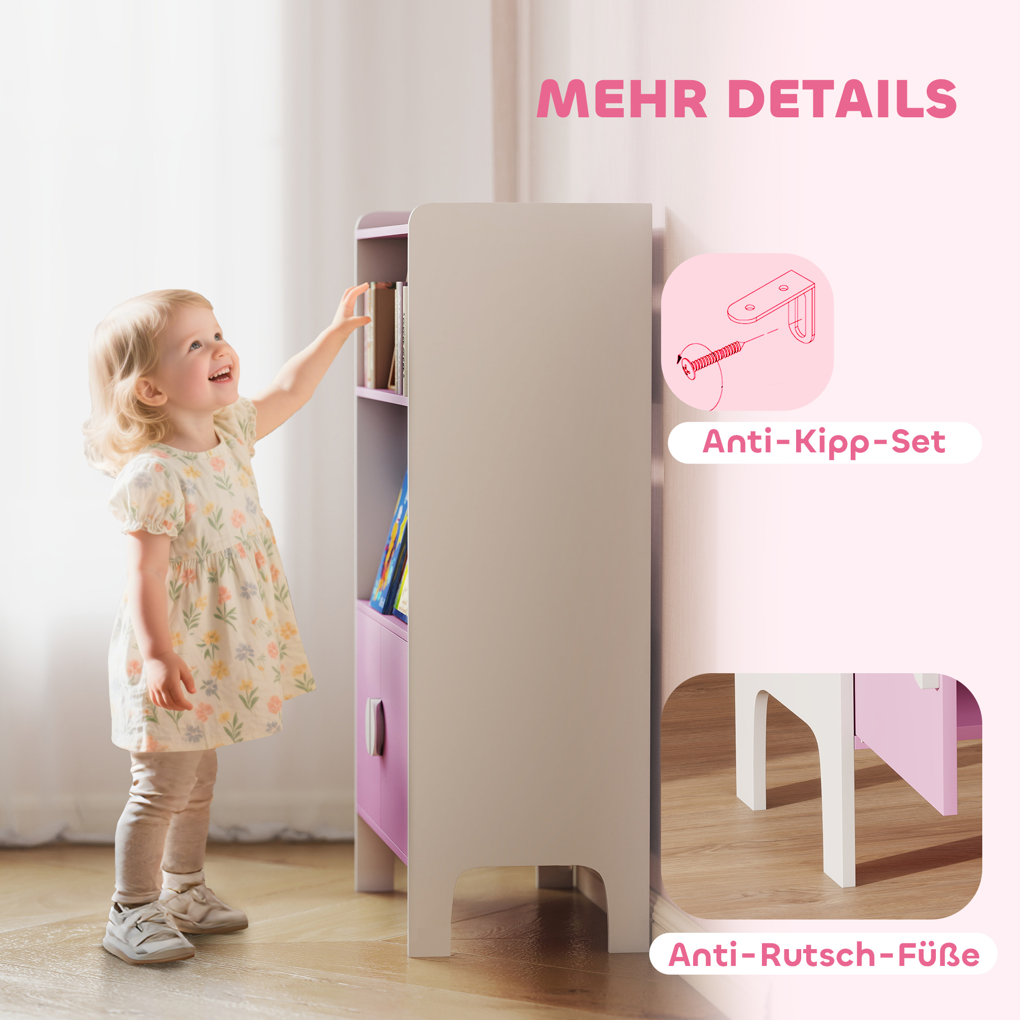 Bücherregal für Kinder, 2 Regale, 2 Schränke, freistehend, Anti-Kipp-Design, rutschfeste Füße, MDF, Rosa+Weiß