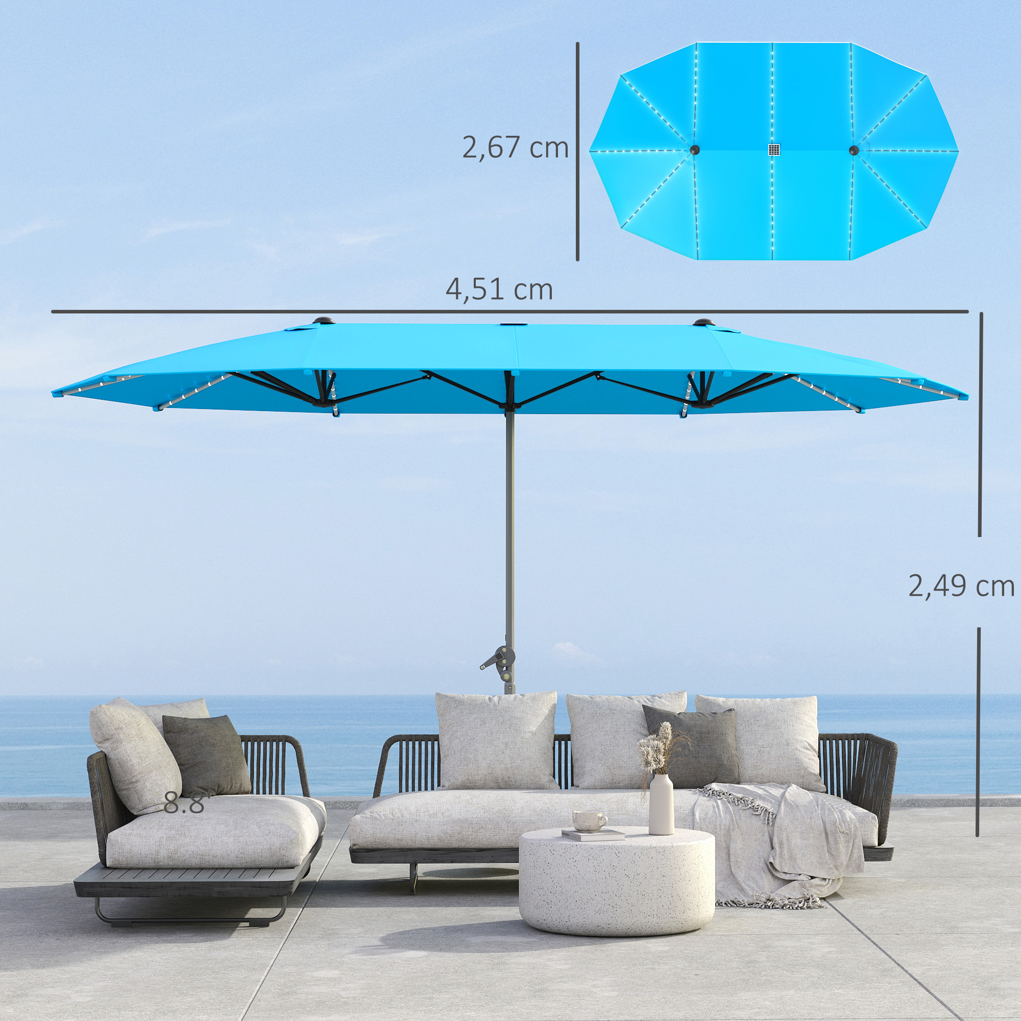 Doppelschirm mit Solar-Lichtern, Aluminium, Polyester, UPF50+ Schutz, UV-beständig, Terrassenschirm, Blau