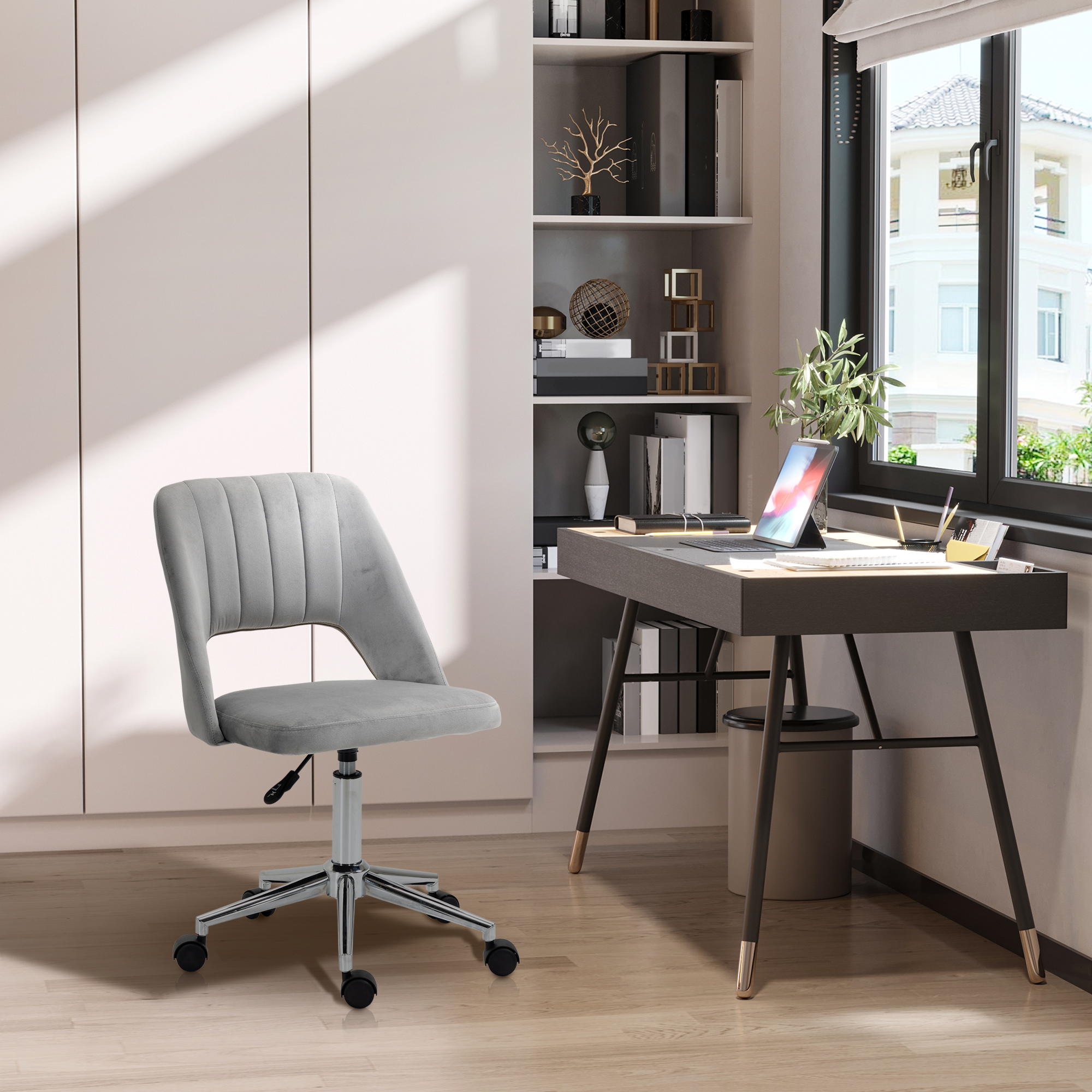höhenverstellbarer Schreibtischstuhl mit Rollen, 360° drehbar, Jakobsmuschel-Form, Schaumstoff, 49 x 60 x 79-91 cm, Grau