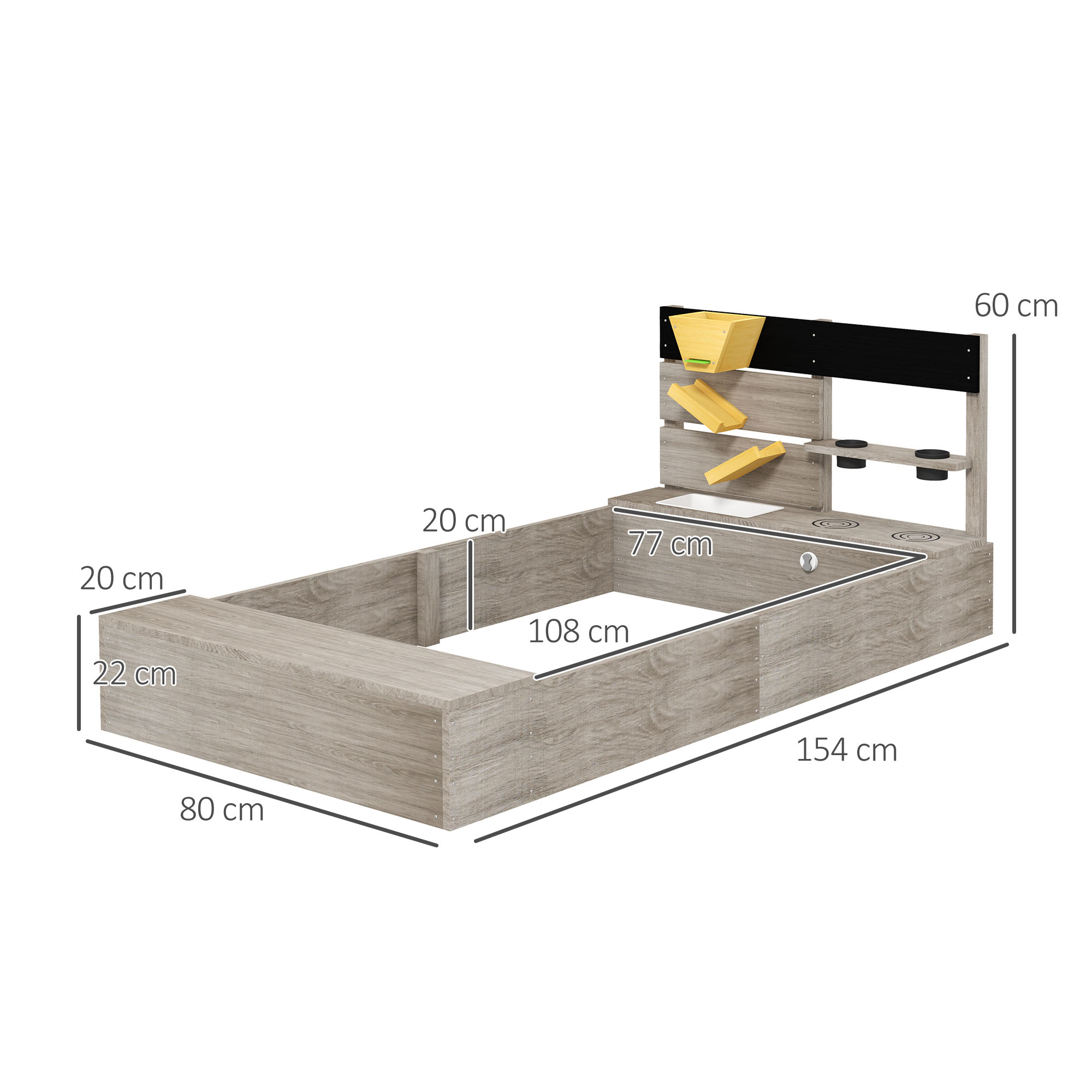 Sandkasten mit Wasserstation, 2 Pflanzkästen, behandeltes Massivholz, 154 x 80 x 60cm, Grau