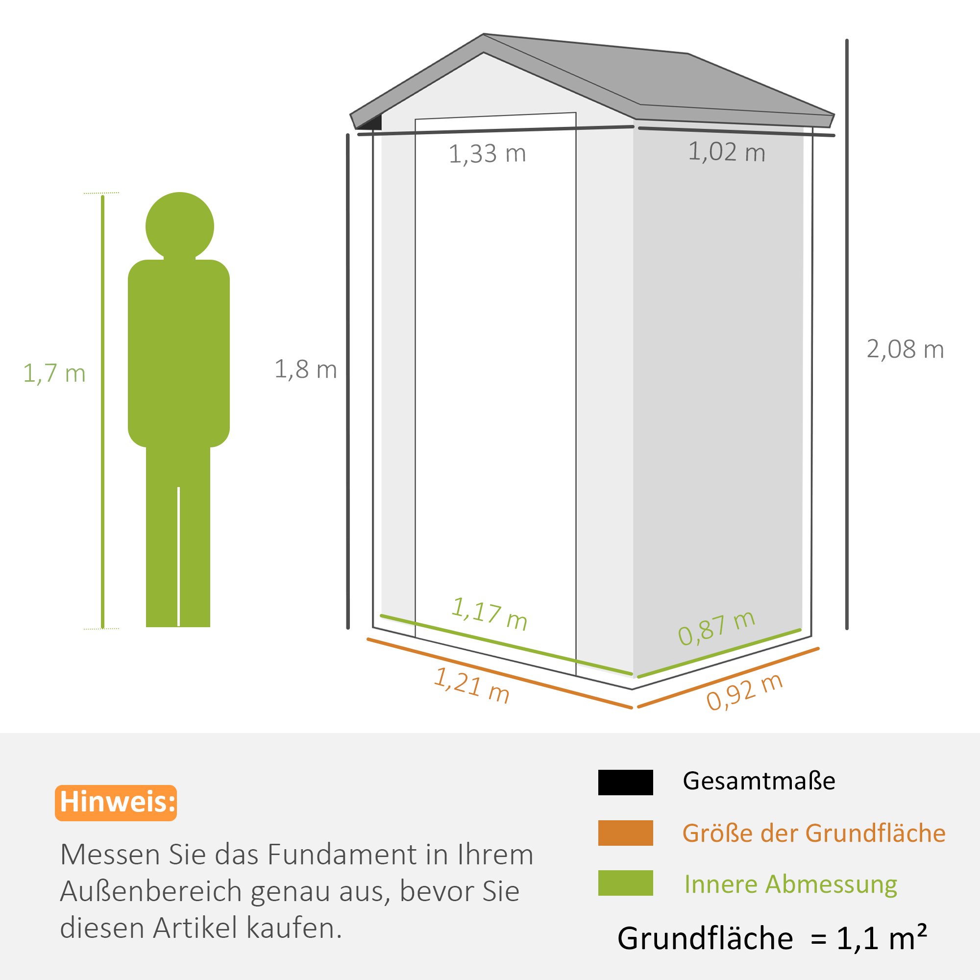 Gerätehaus, 1,1m², Gartenhaus mit Satteldach, 133 x 102 x 180/208 cm