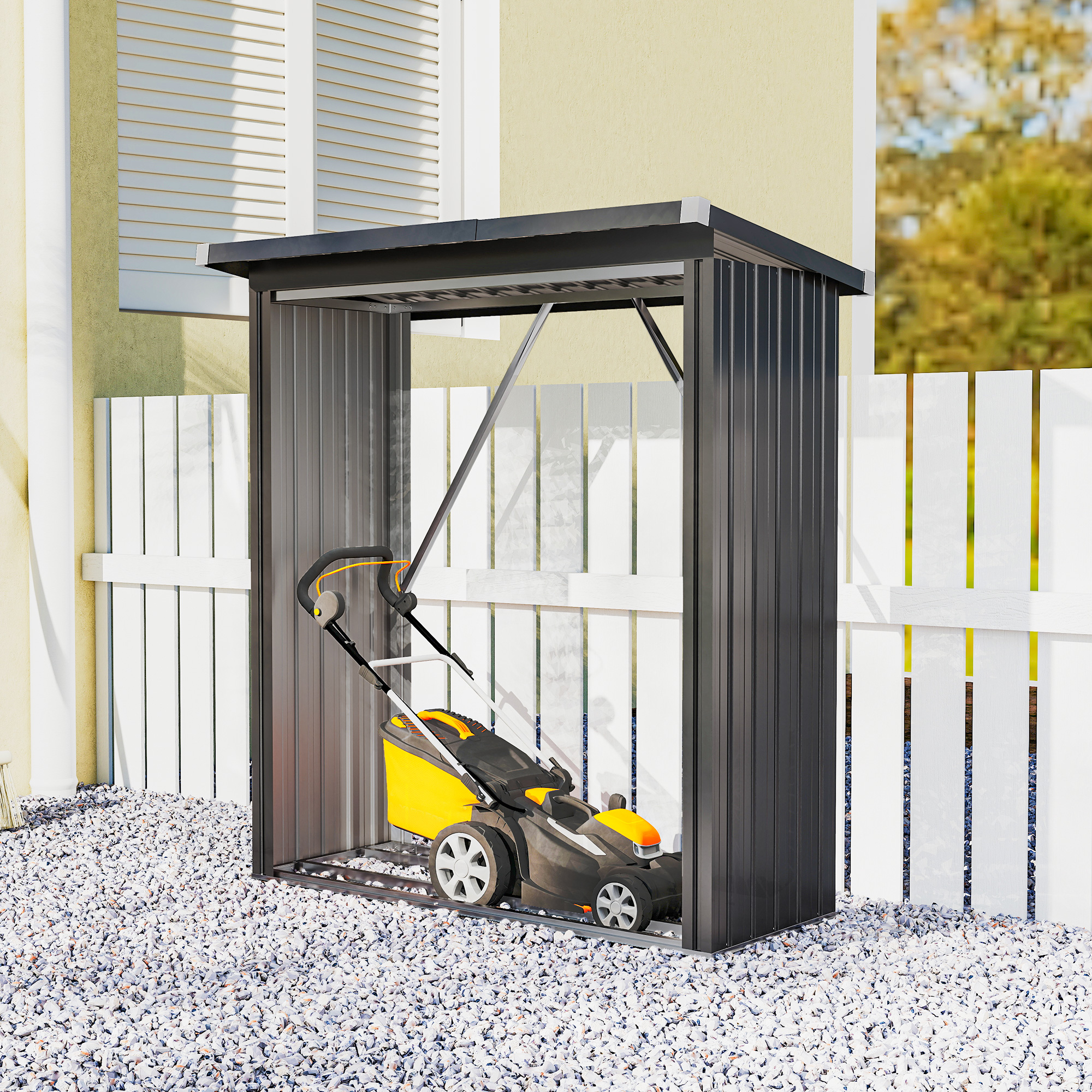 Brennholzschuppen, Feuerholzunterstand, Stahl, erhöhter Boden, Schrägdach, 150 x 66,5 x 150 cm, Dunkelgrau