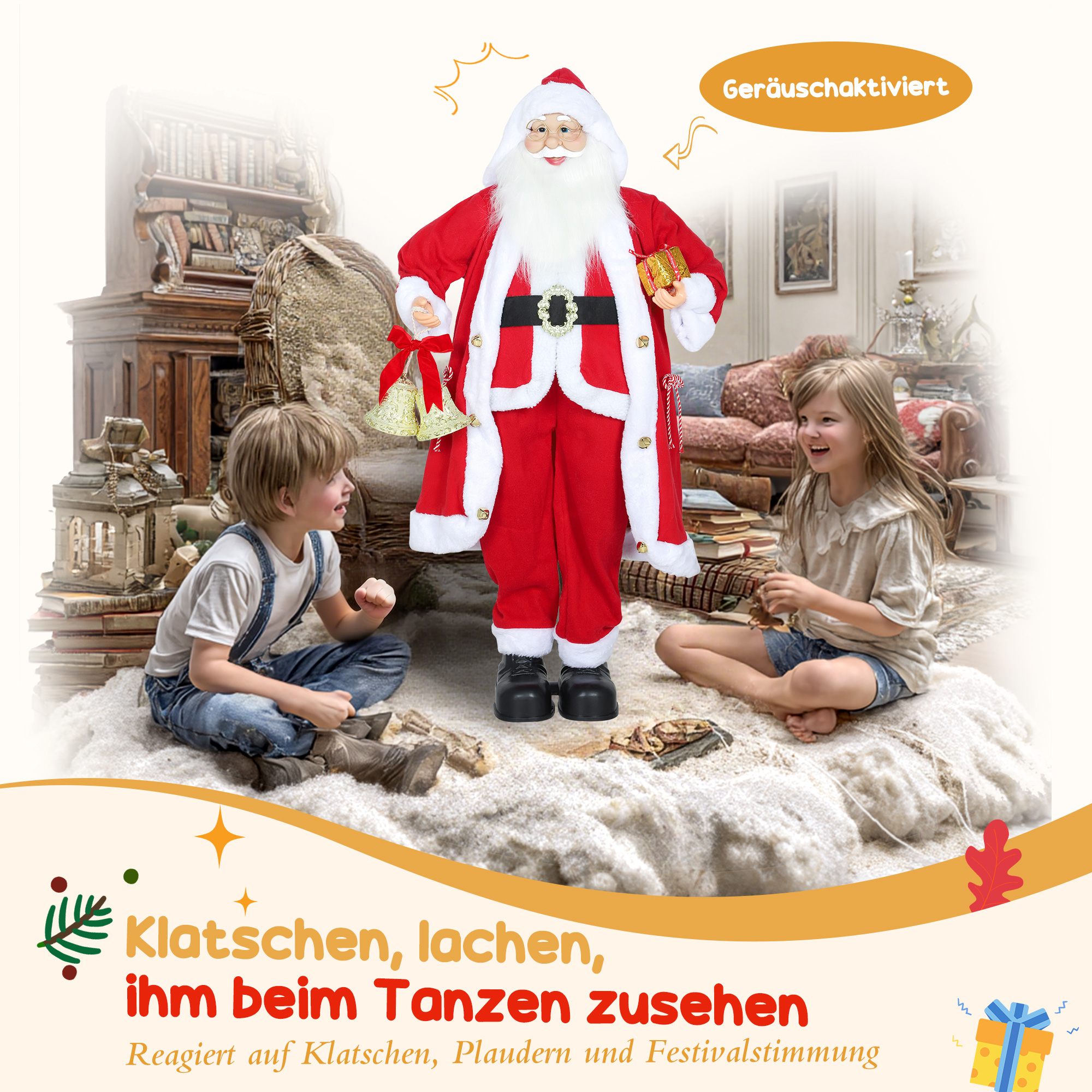 Weihnachtsmann 1,15 m stehende Weihnachtsmann mit Geschenk- und Weihnachtsglock Indoor, Rot