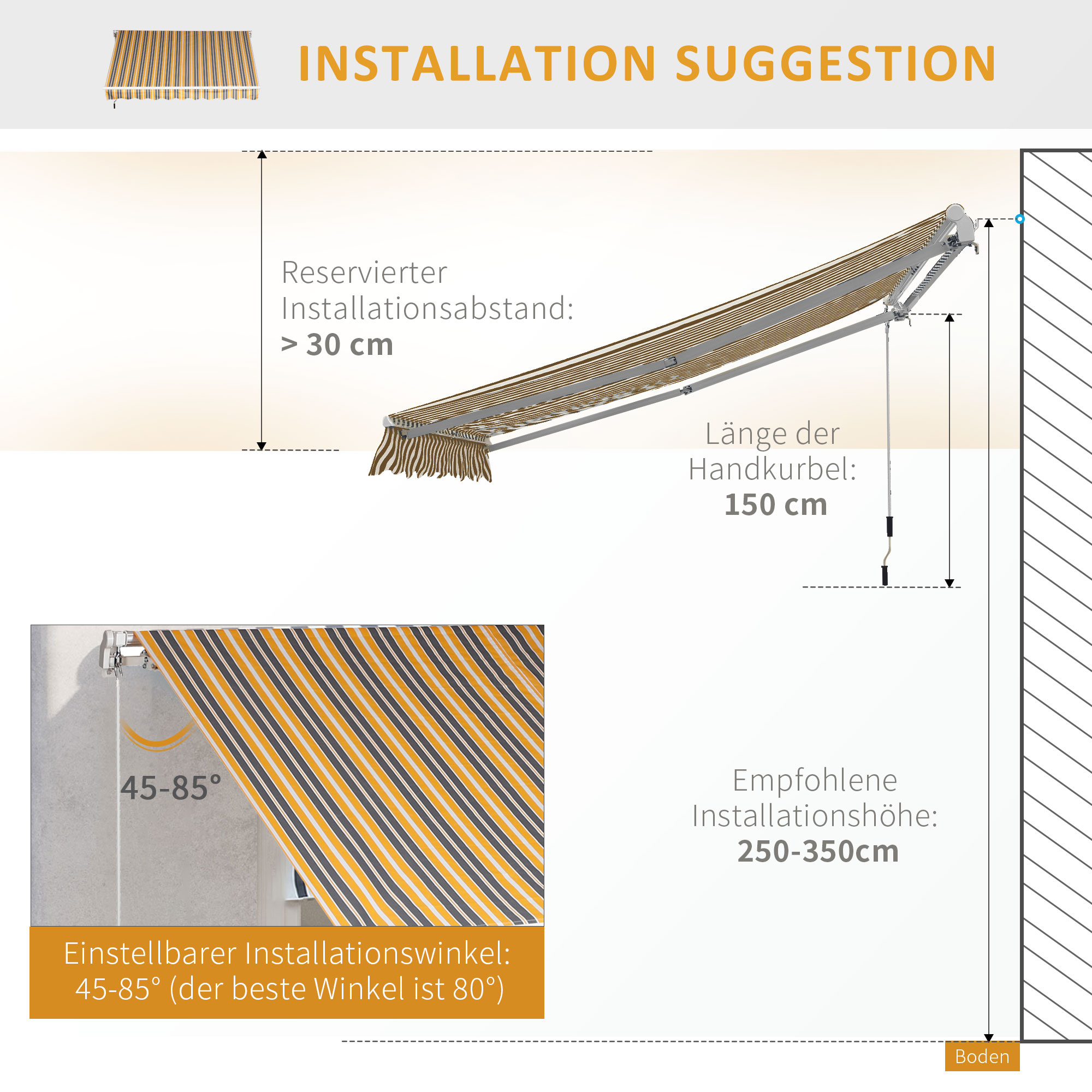 Markise Gelenkarmmarkise Sonnenschutz Handkurbel Balkon Alu Gelb Grau 2,95 x 2,45 m