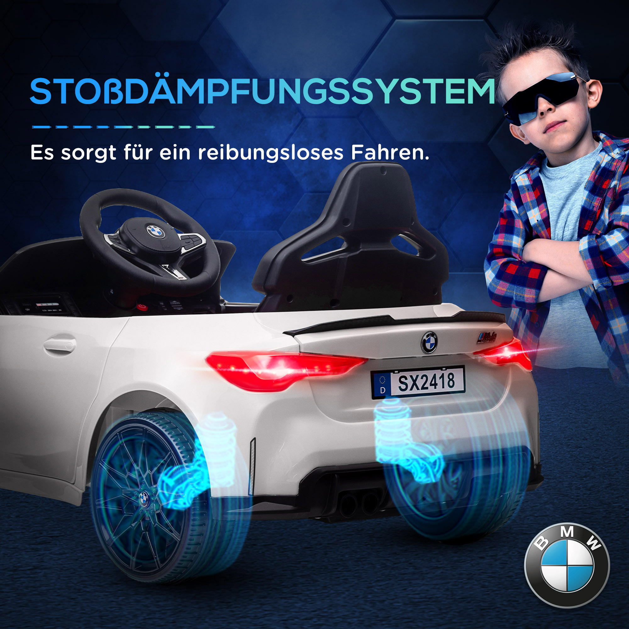 Elektro Kinderauto BMW M4, Sound & Licht, 3-5 km/h, inkl. Fernsteuerung, für 3-5 Jahre, Weiß