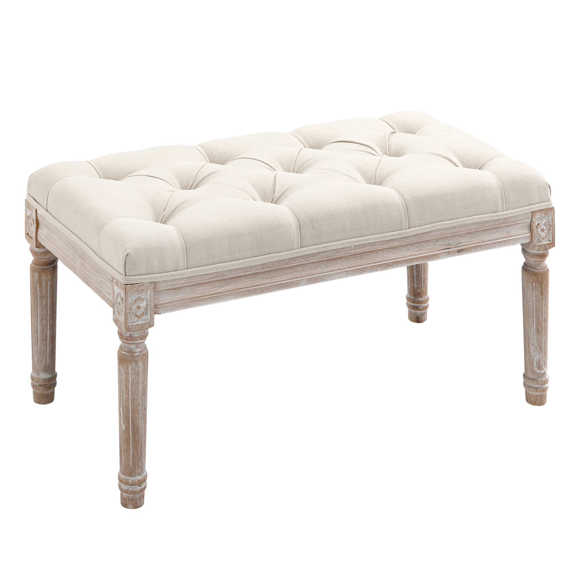 Gepolsterter Sitzhocker, Polsterbank, Fußhocker, Holz und Stoffbezug in Leinenoptik, 80L x 40B x 43H cm, Cremeweiß